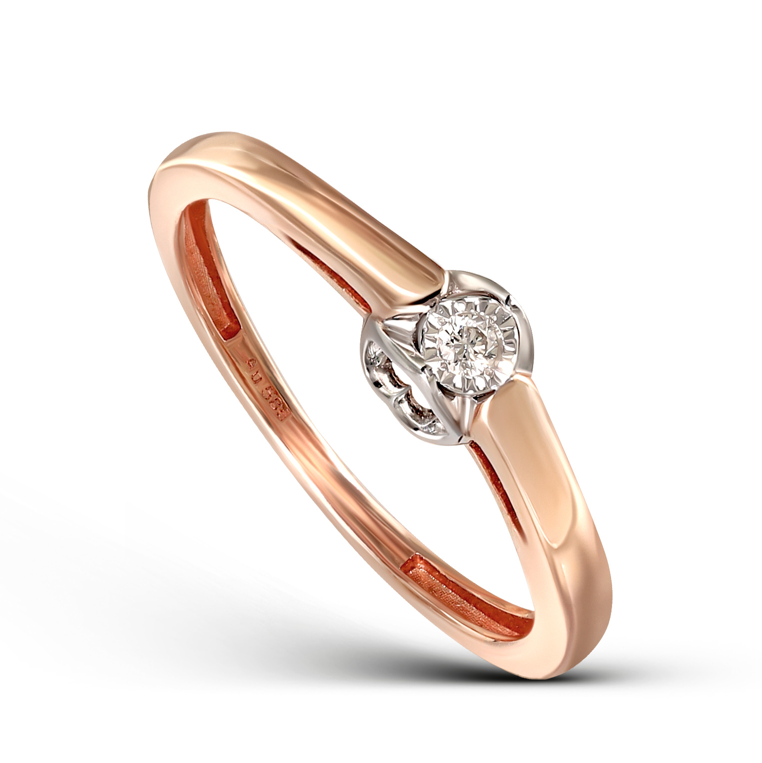 Pierścionek zaręczynowy z różowego złota z diamentem w koronie w kształcie serca, próba 585