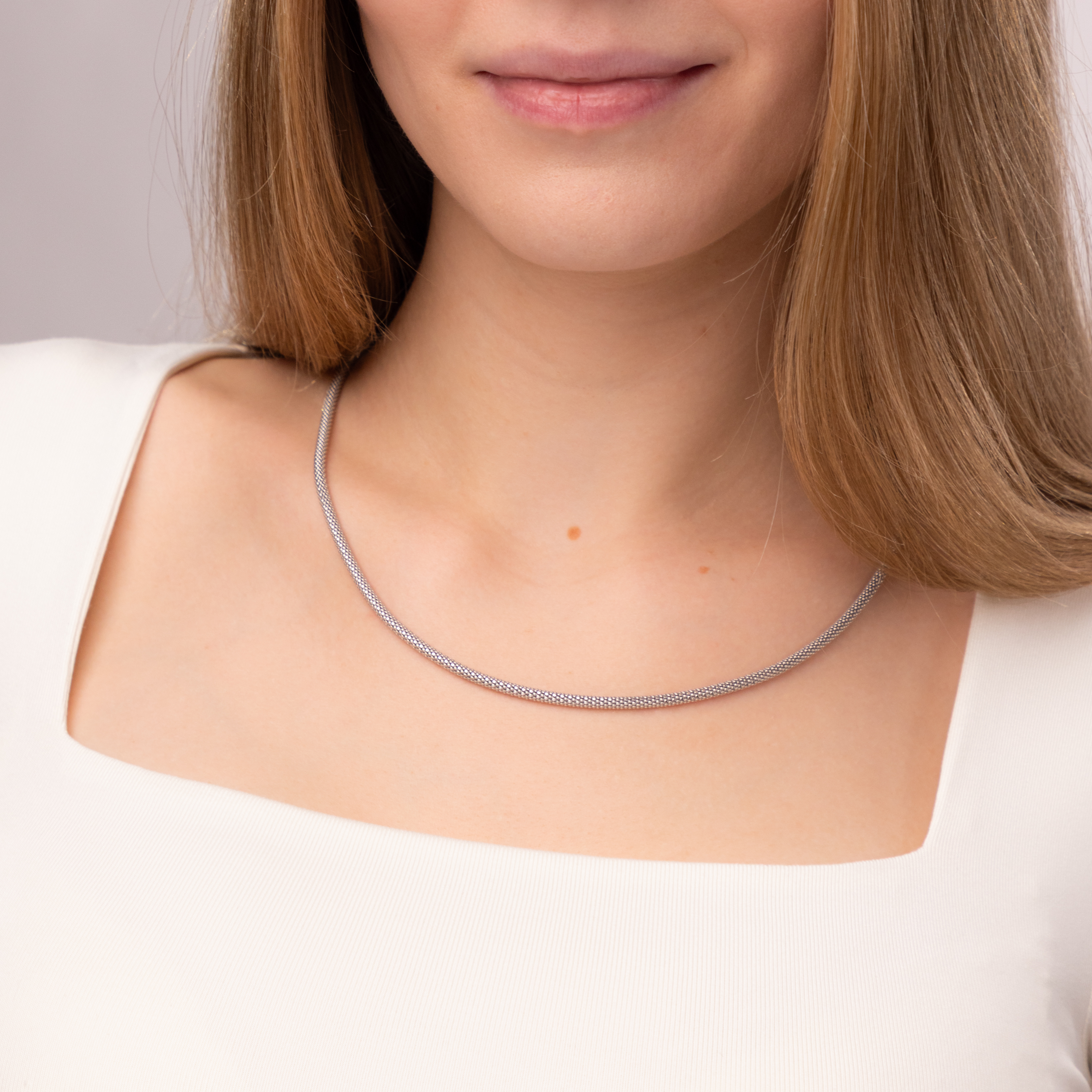 Nowoczesny naszyjnik z białego złota o splocie popcorn, długość 50 cm, próba 585