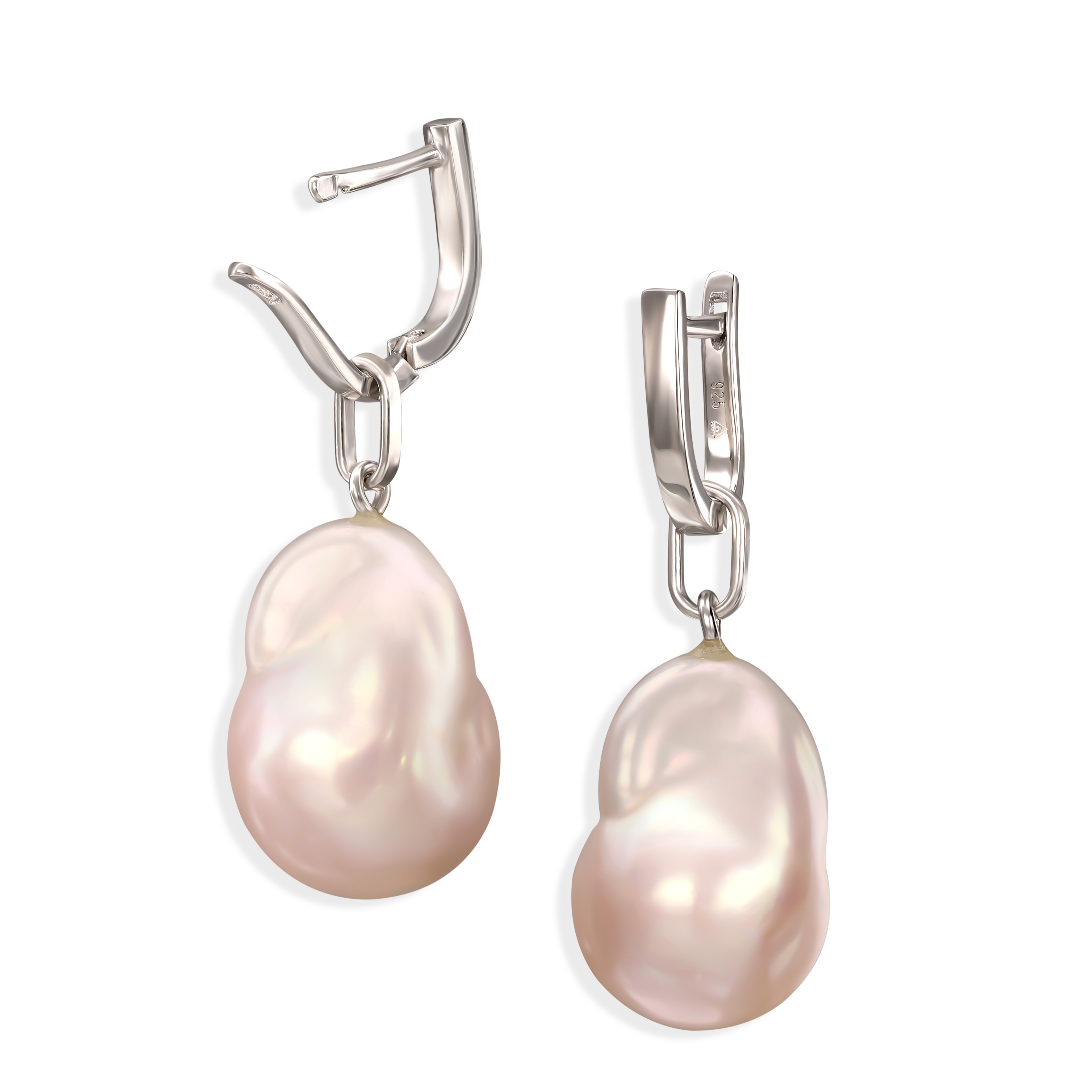 Kolczyki srebrne wiszące z perłami o nieregularnym kształcie, próba 925