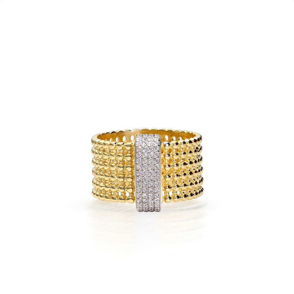 Szeroki modowy pierścionek złoty z cyrkoniami, żółto-białe złoto, rozmiar 21, próba 585