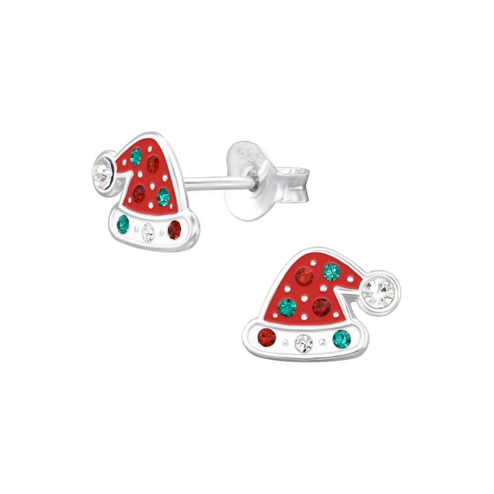 Kolczyki czapki Mikołaja z kolorowymi cyrkoniami, srebro próby 925