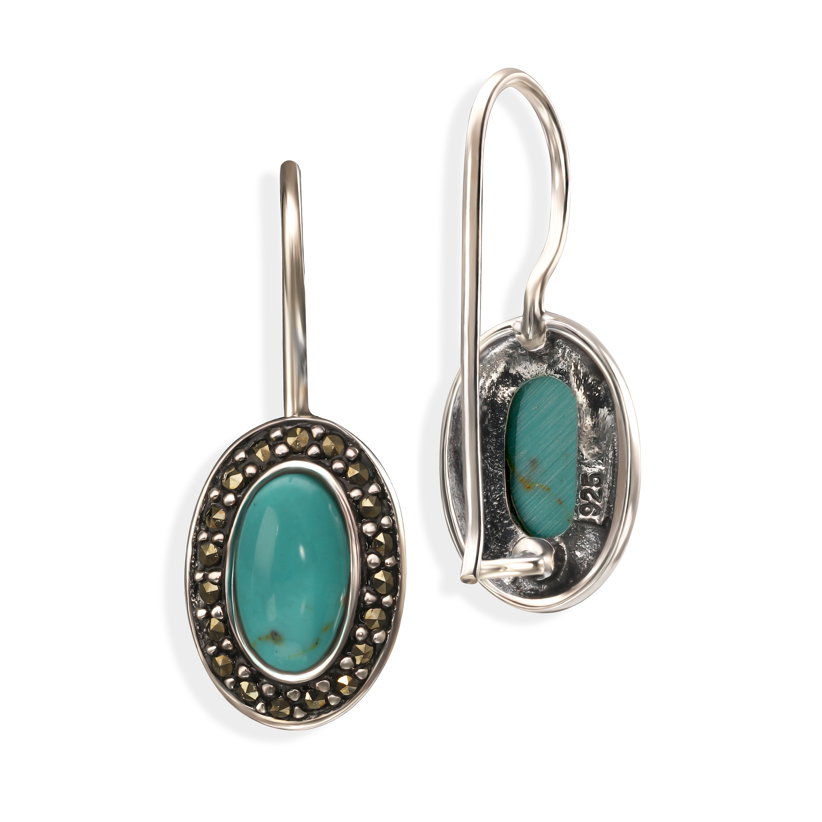 Srebrne vintageowe kolczyki z turkusem i markazytami, próba 925