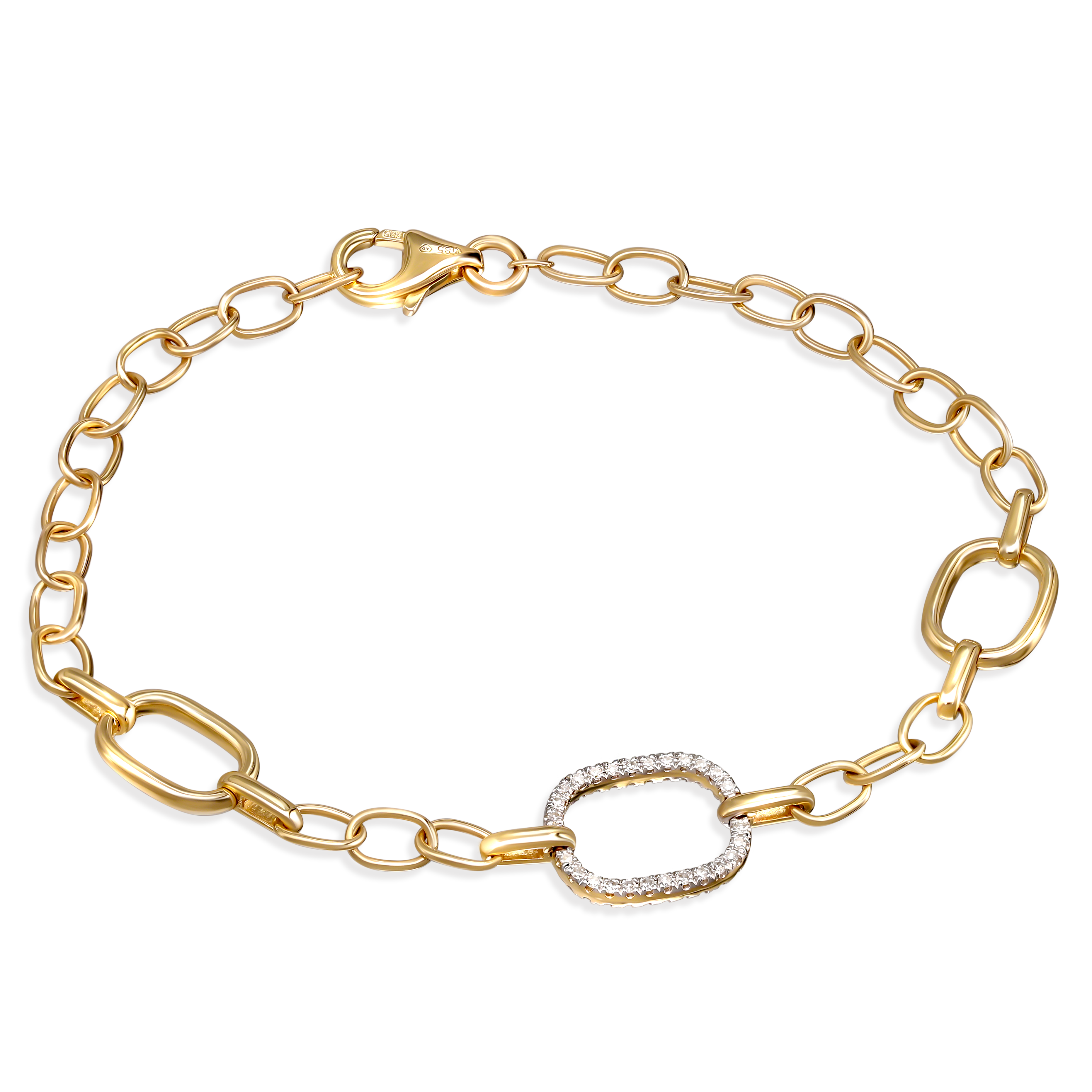 Złota bransoleta z ozdobnymi ogniwami z diamentami naturalnymi 0.21 ct, próba 585