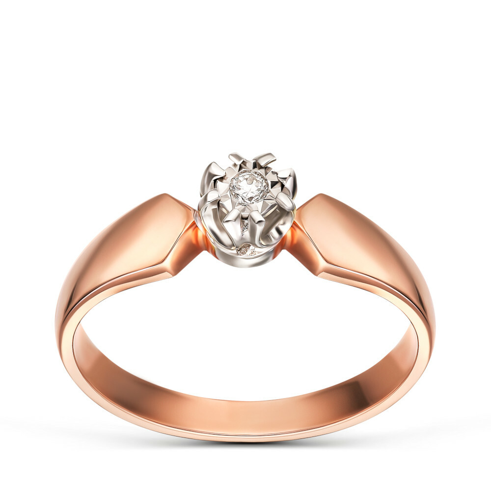 Nowoczesny pierścionek zaręczynowy z różowego złota z diamentem 0.10 ct, próba 585