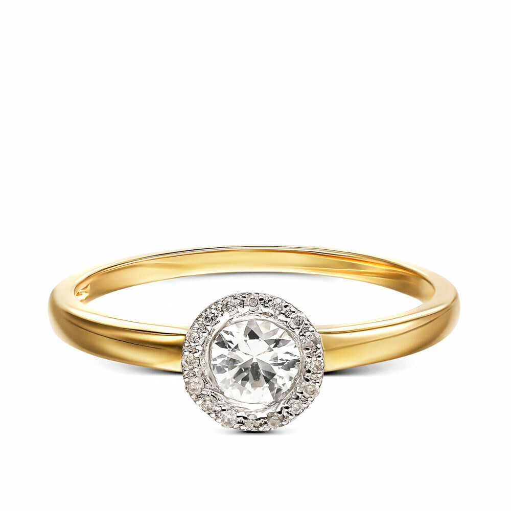 Pierścionek złoty zaręczynowy z białym szafirem i diamentami naturalnymi, próba 585