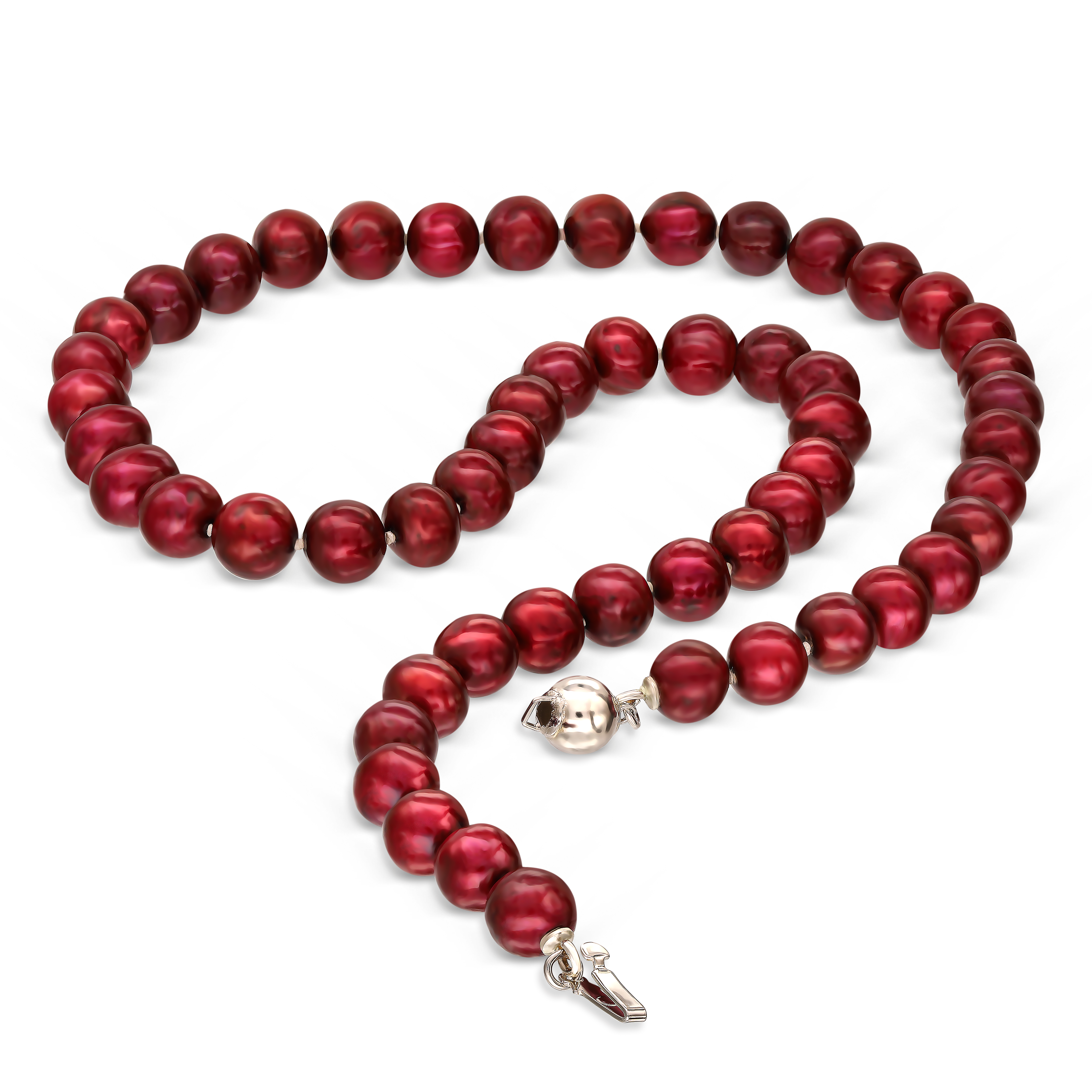 Naszyjnik z czerwonych pereł ze srebrnym zapięciem, próba 925