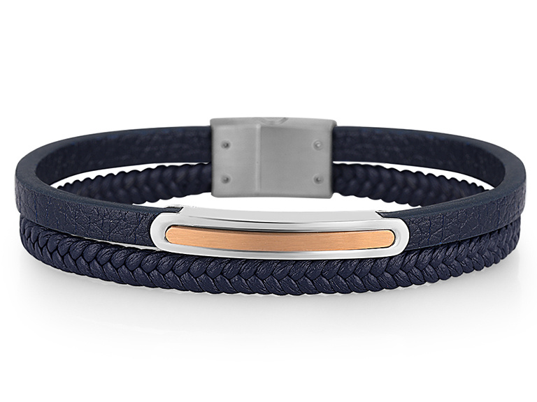 Granatowa bransoleta męska ze skóry i stalową blaszką