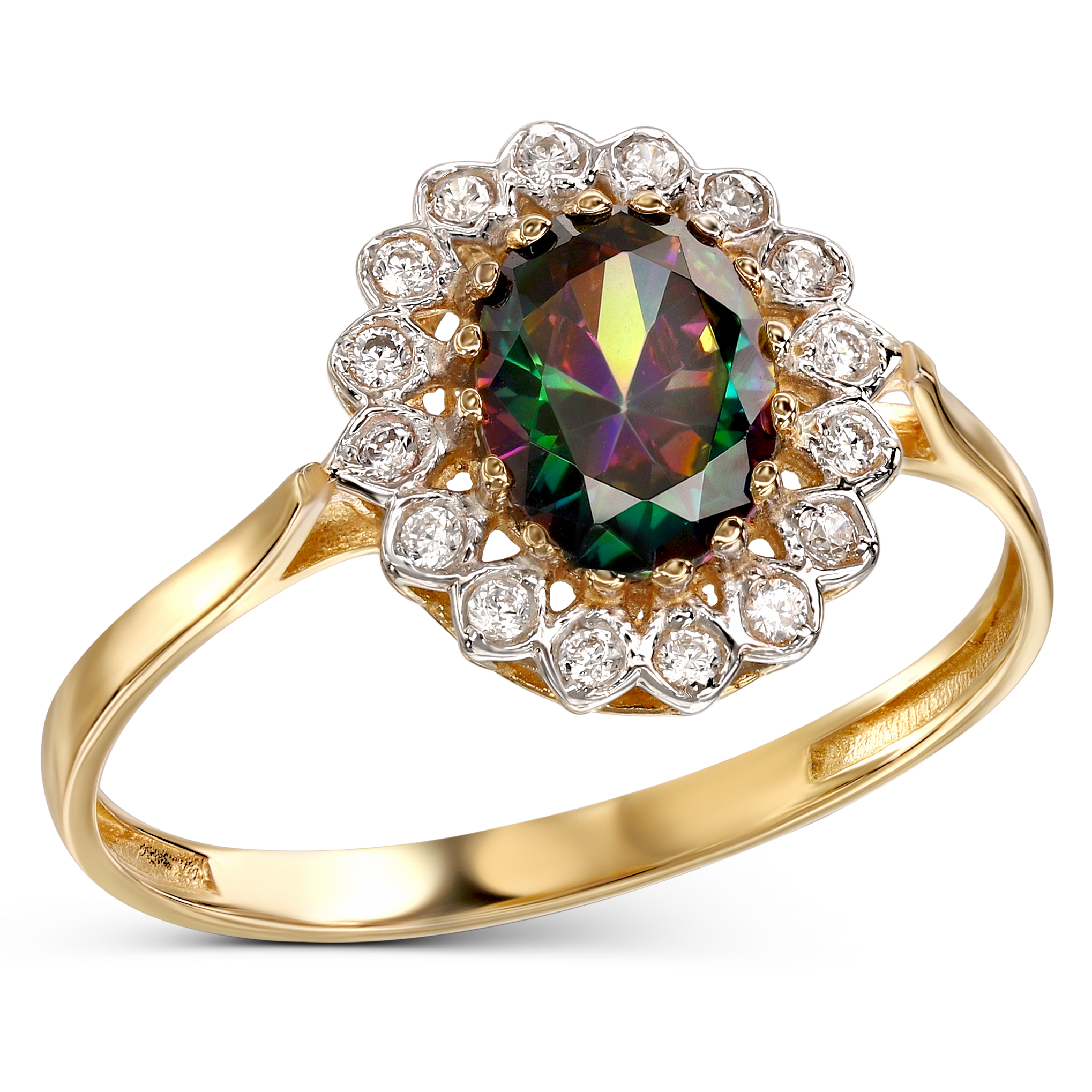 Pierścionek złoty z topazem mistycznym i cyrkoniami dookoła, próba 585