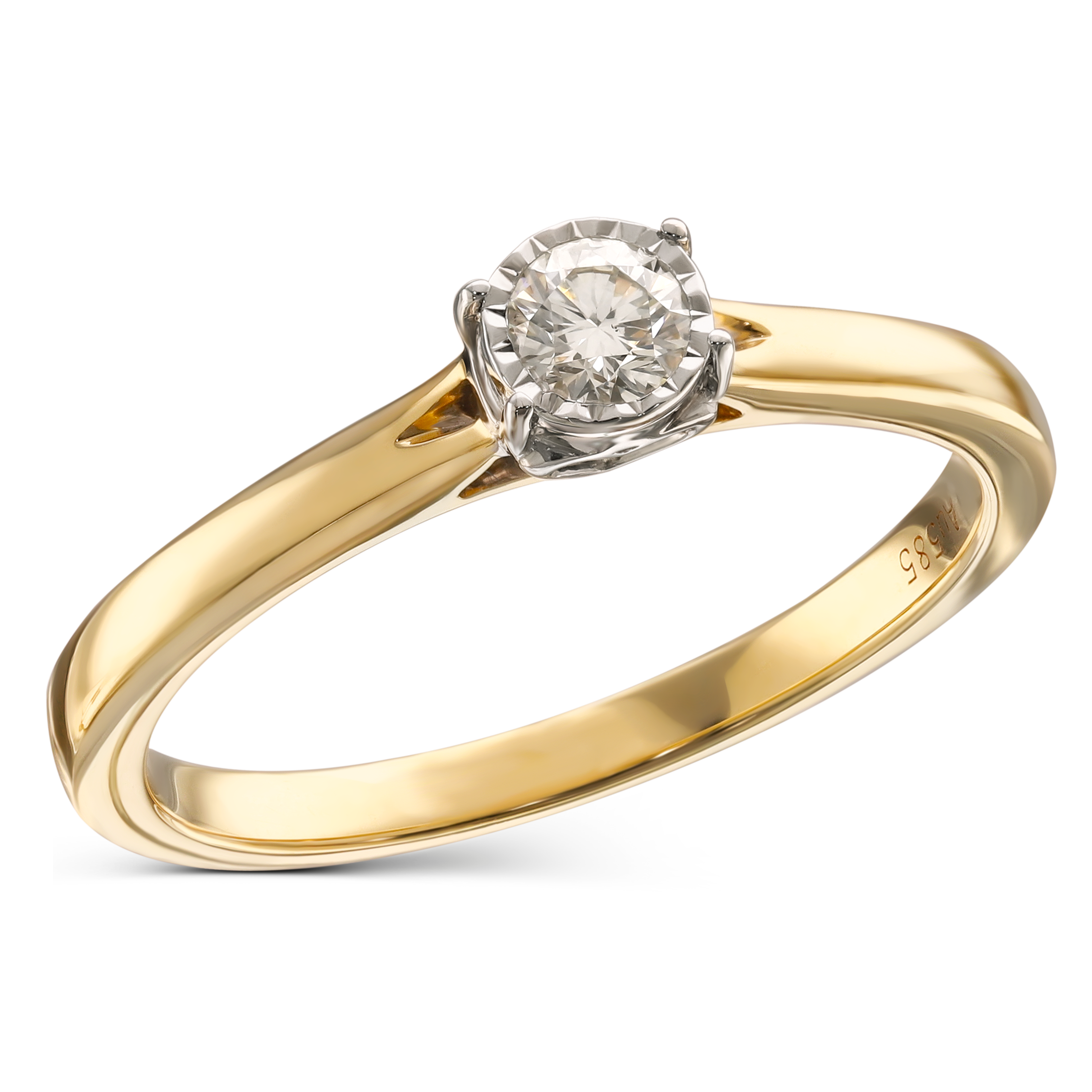 Pierścionek złoty z diamentem naturalnym 0.12 ct w koronie z motywem serca, próba 585