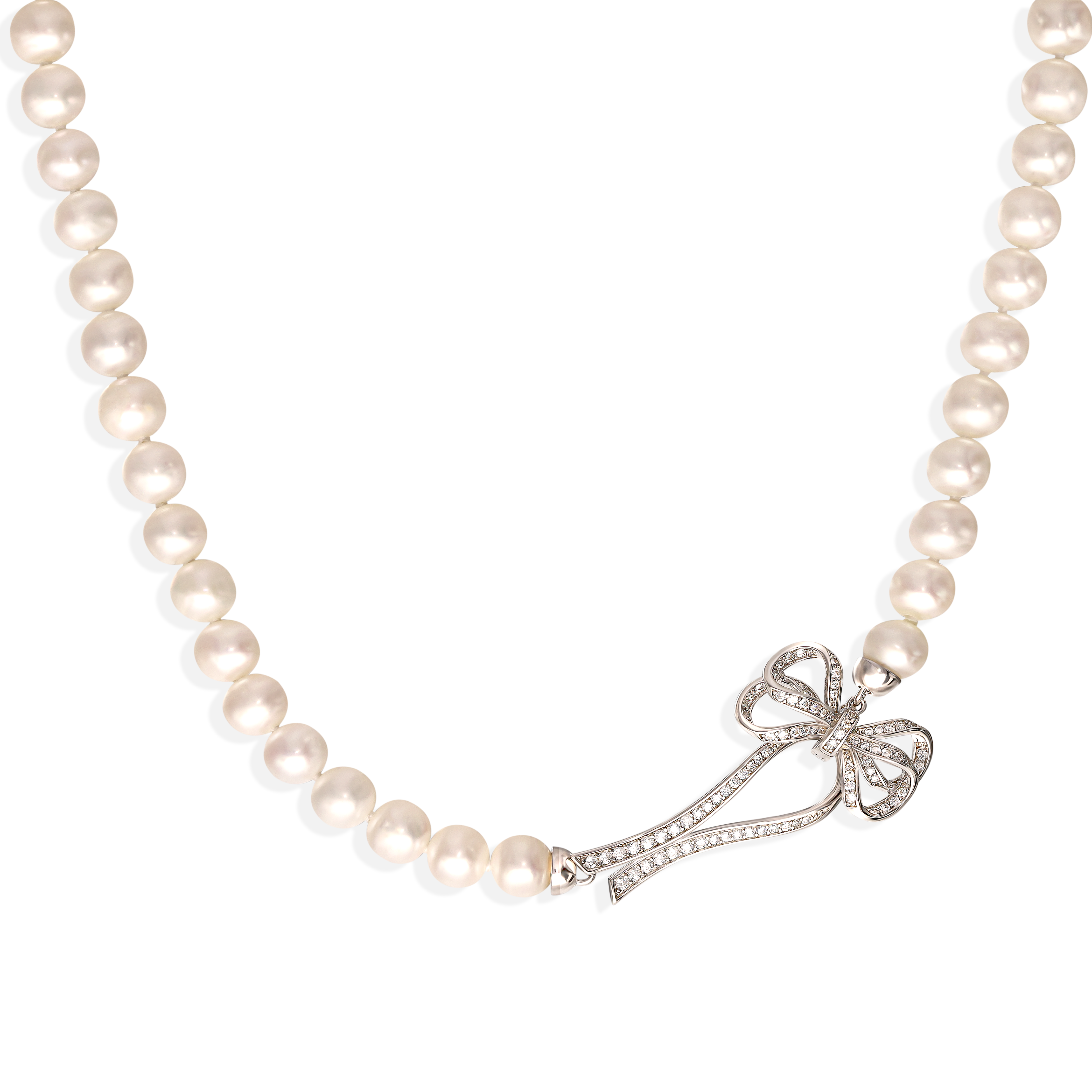Elegancki naszyjnik z pereł naturalnych i srebrną kokardą z cyrkoniami, próba 925