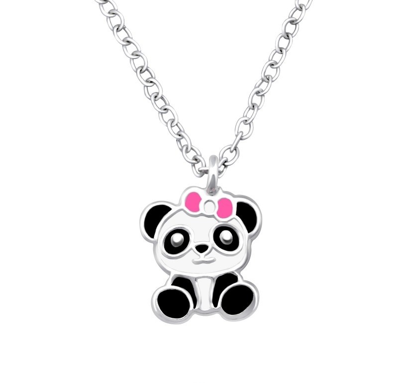 Naszyjnik srebrny dla dziewczynki panda z kokardką, próba 925