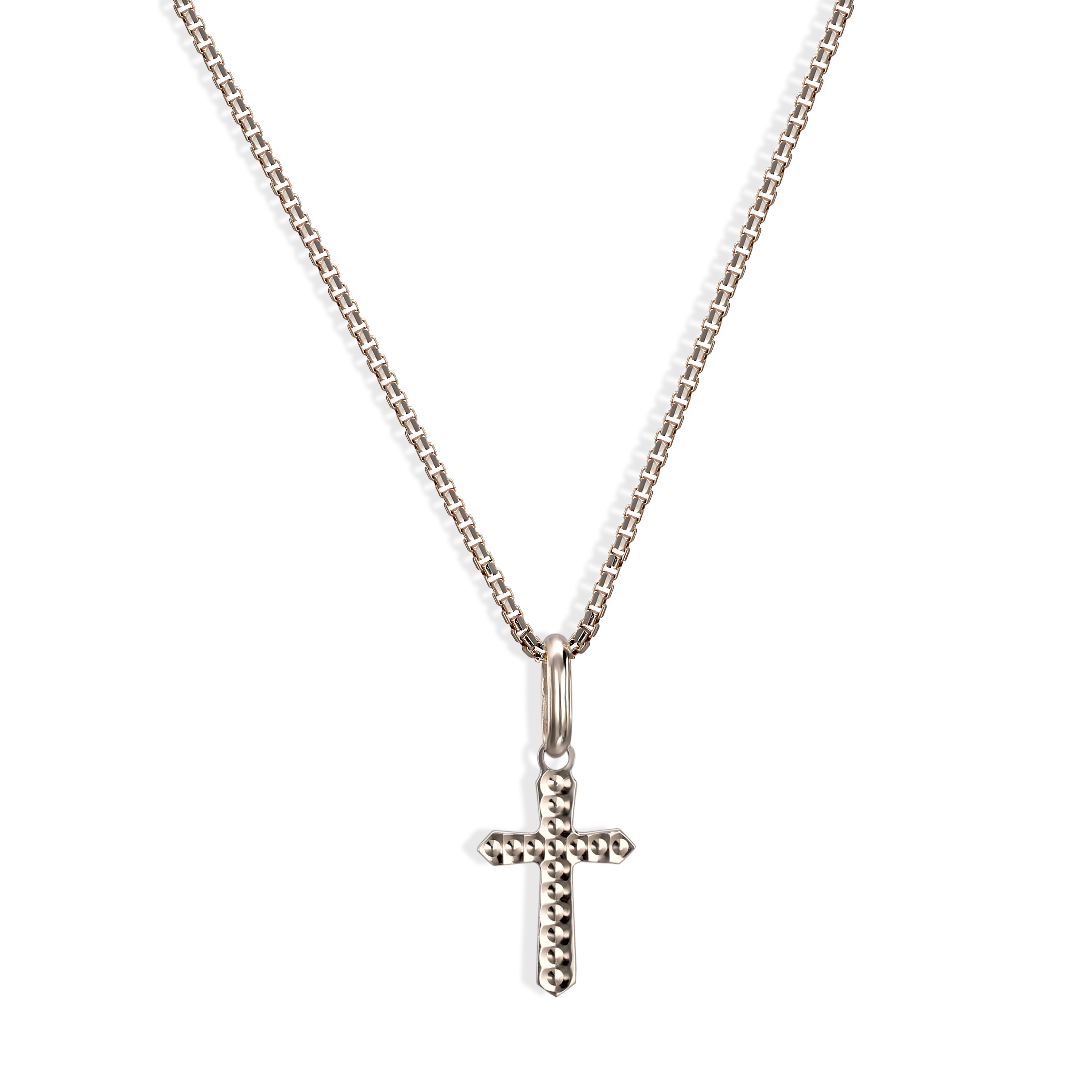 Dwustronny krzyżyk z białego złota, próba 585