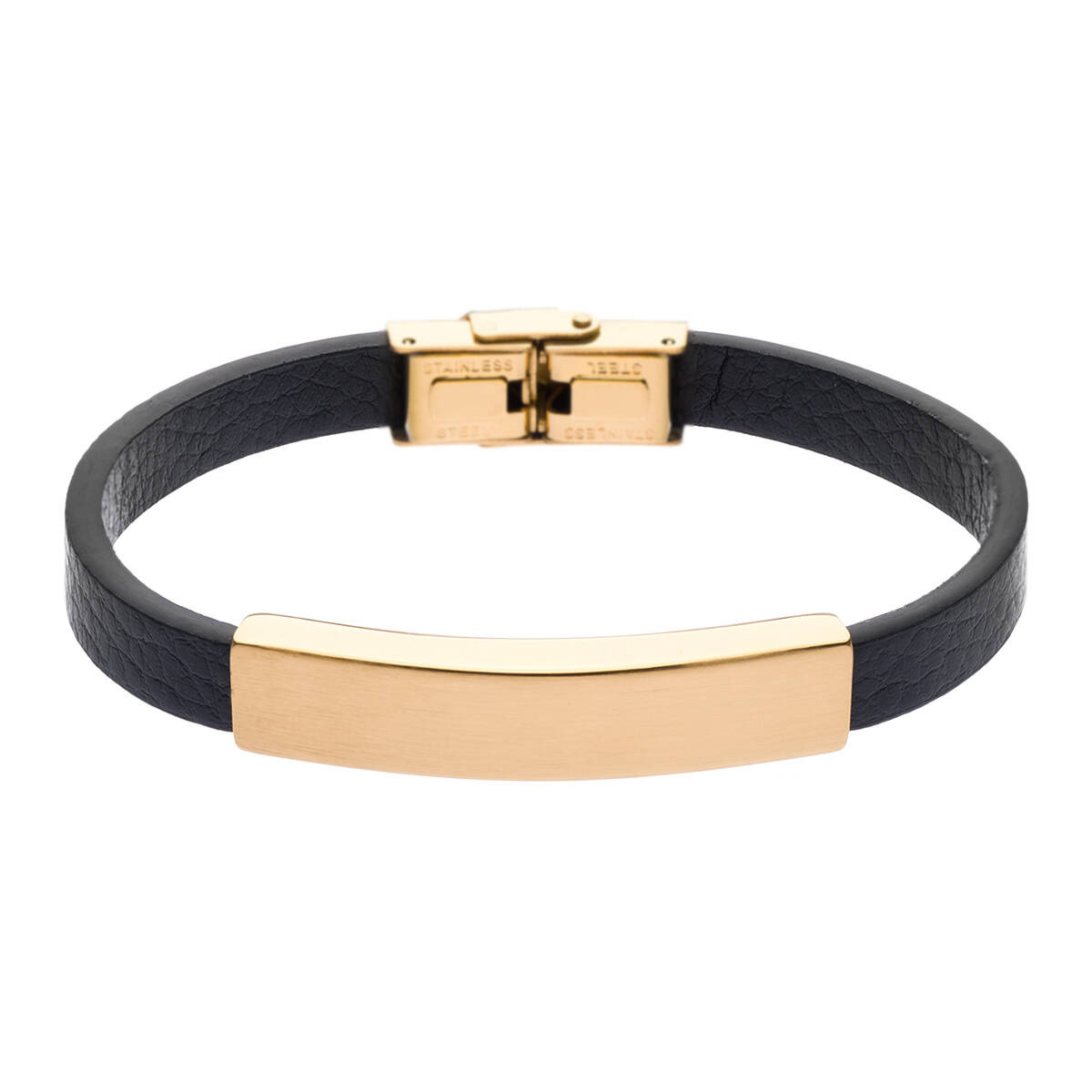 Skórzana męska bransoleta ze stalową blaszką w kolorze złotym