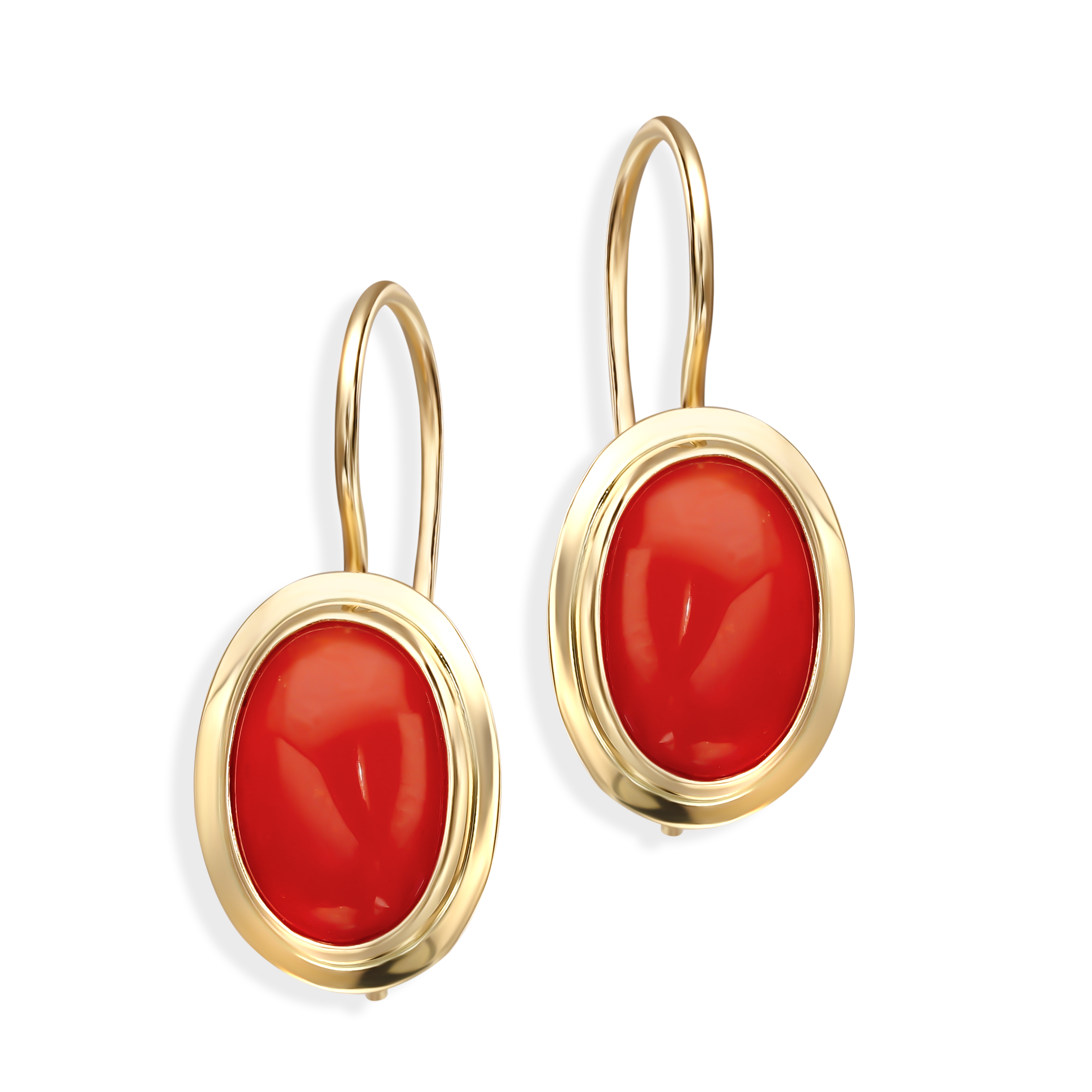 Kolczyki złote owalne z koralem na zapięciu bigiel, próba 585