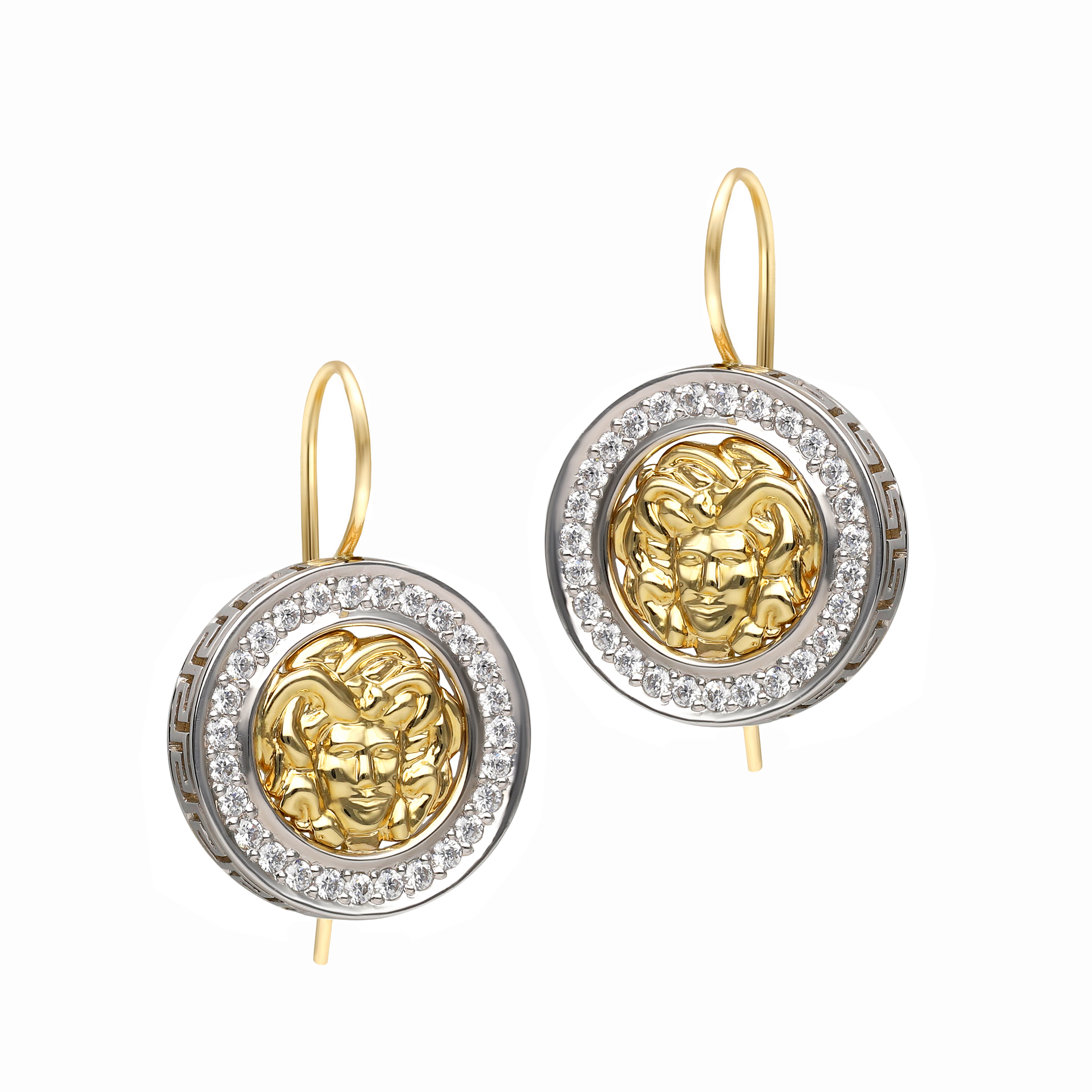 Kolczyki złote Meduza z białymi cyrkoniami, zapięcie bigle, próba 585