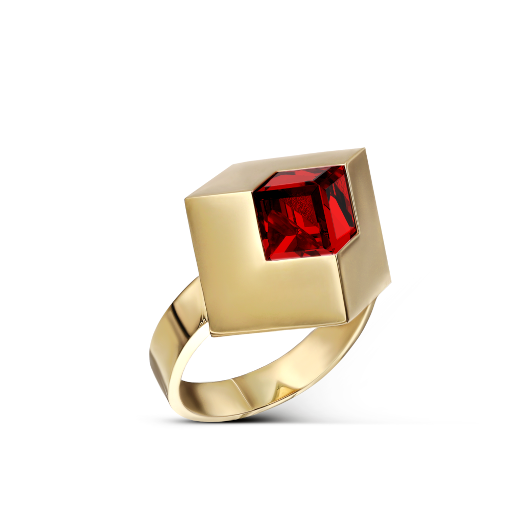 Pierścionek złoty kostka z czerwonym kryształem Swarovskiego, rozmiar 15, próba 585