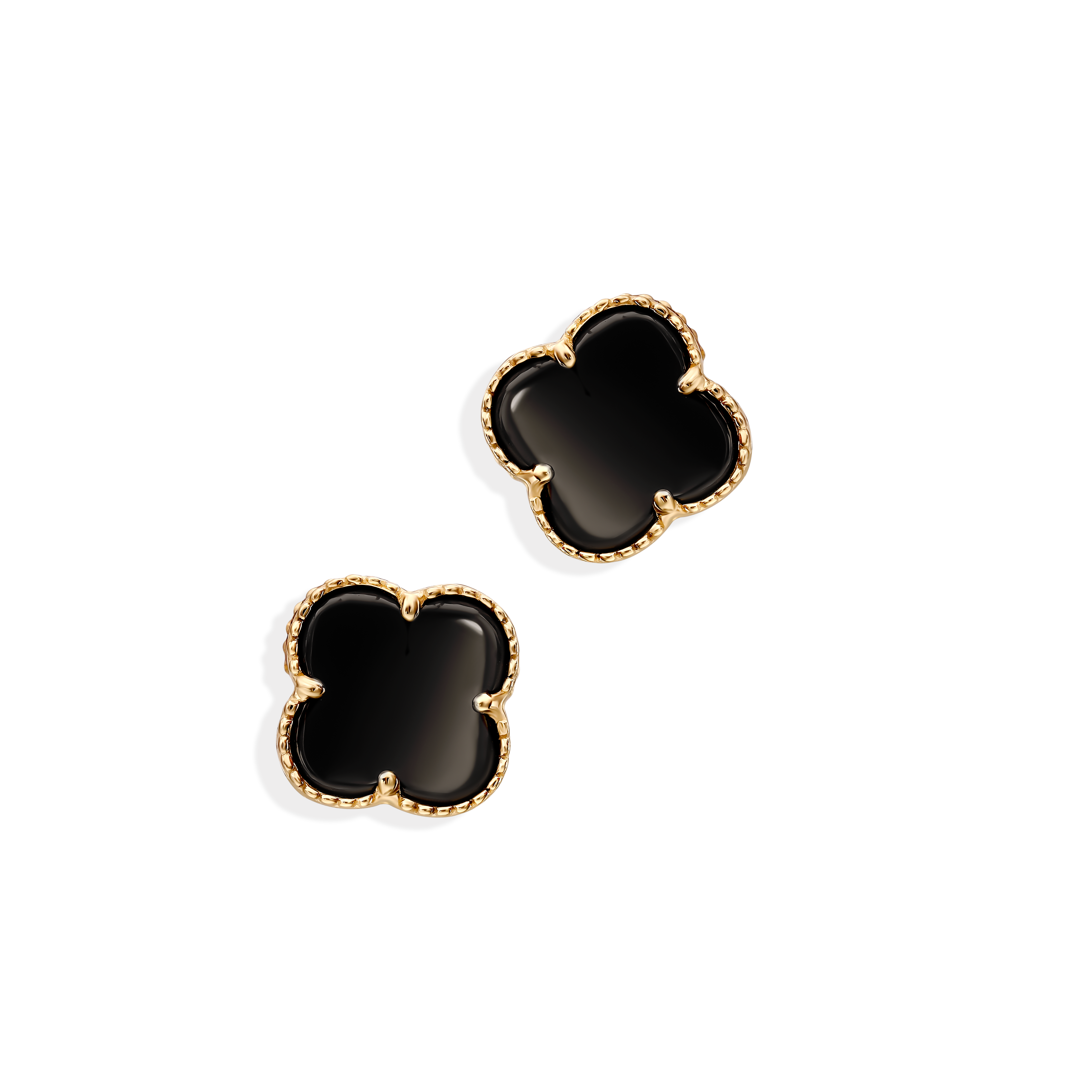 Kolczyki złote koniczynki na sztyfcie z onyksem, próba 585