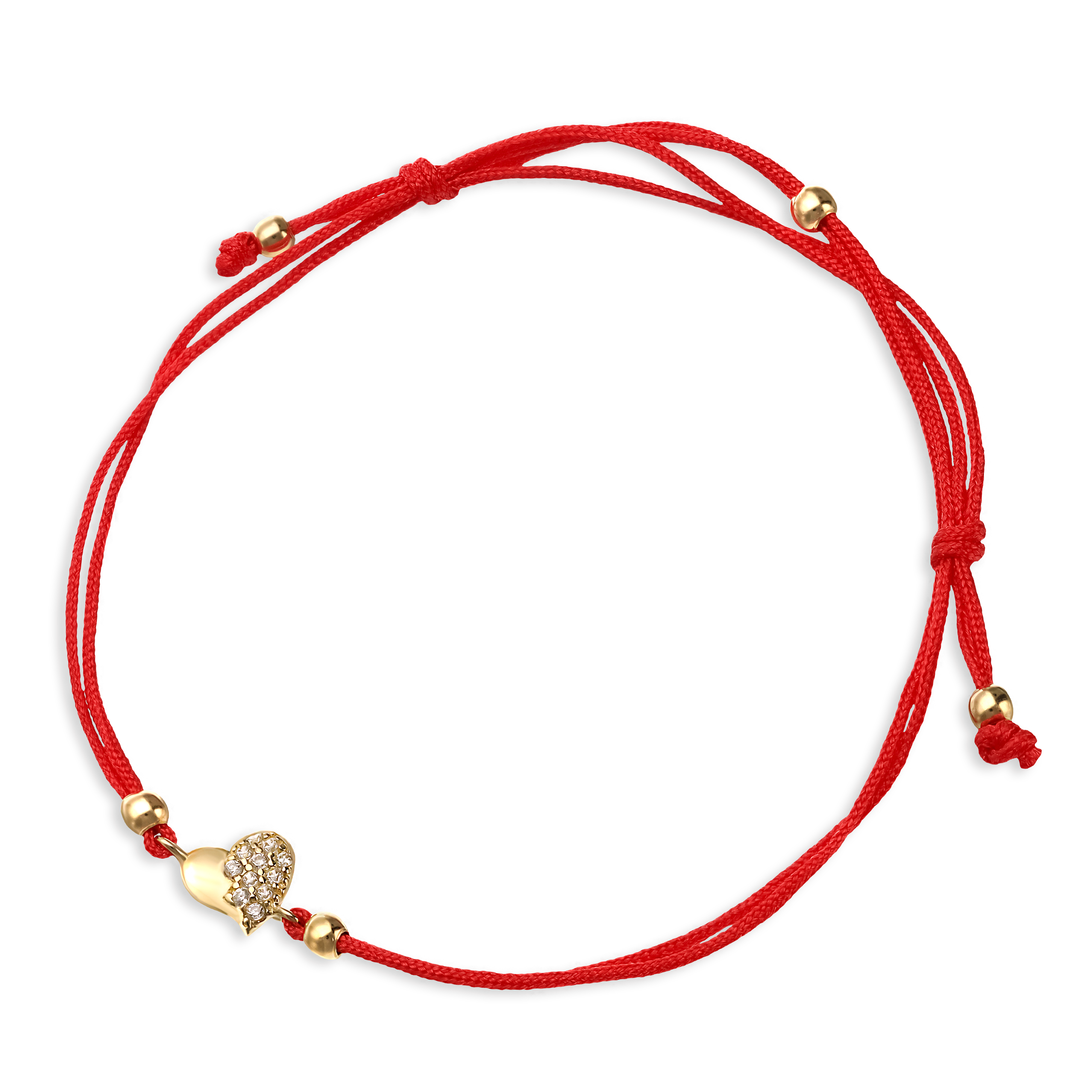 Bransoletka na czerwonym sznurku ze złotym serduszkiem z cyrkoniami, próba 585