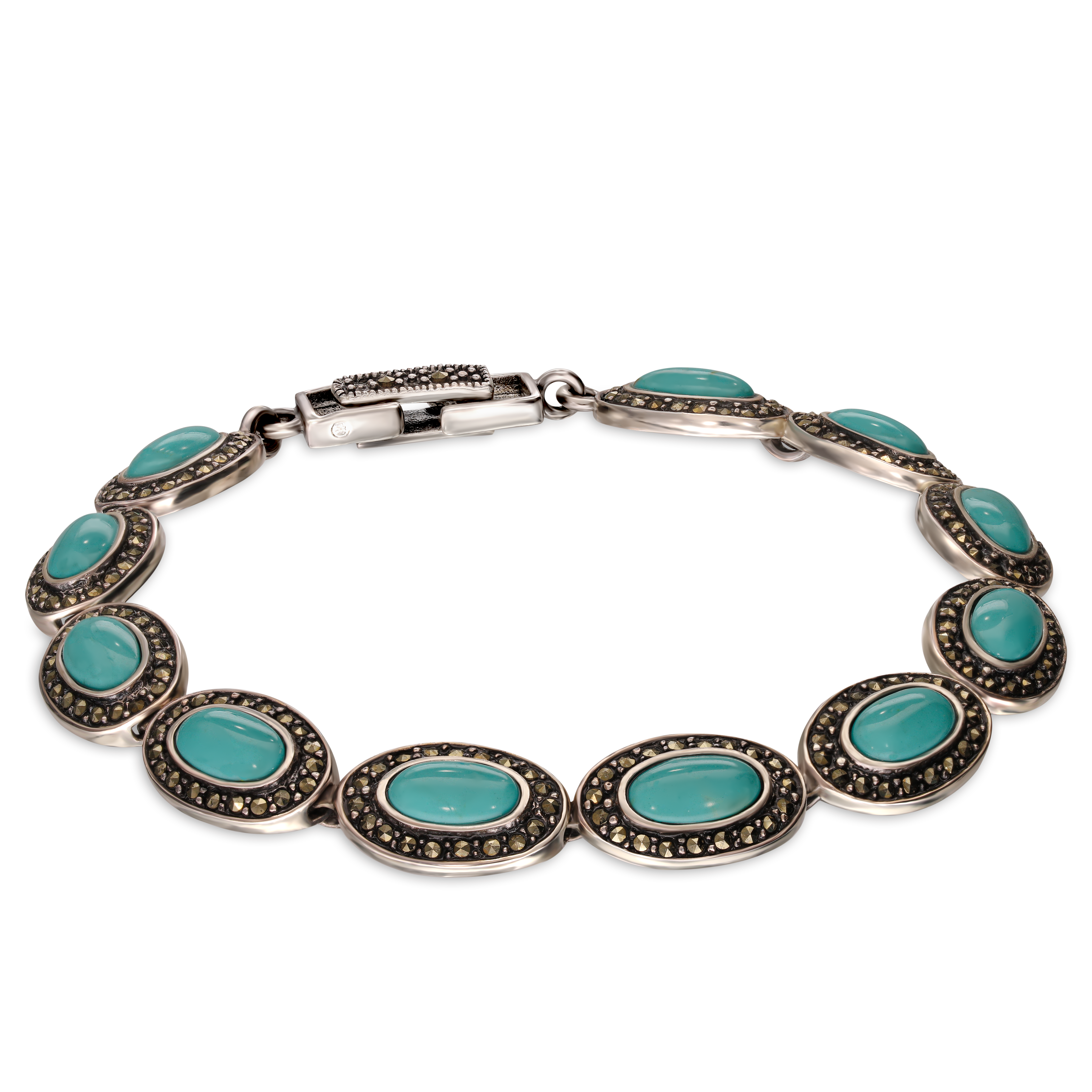 Srebrna bransoleta z turkusami i markazytami, próba 925