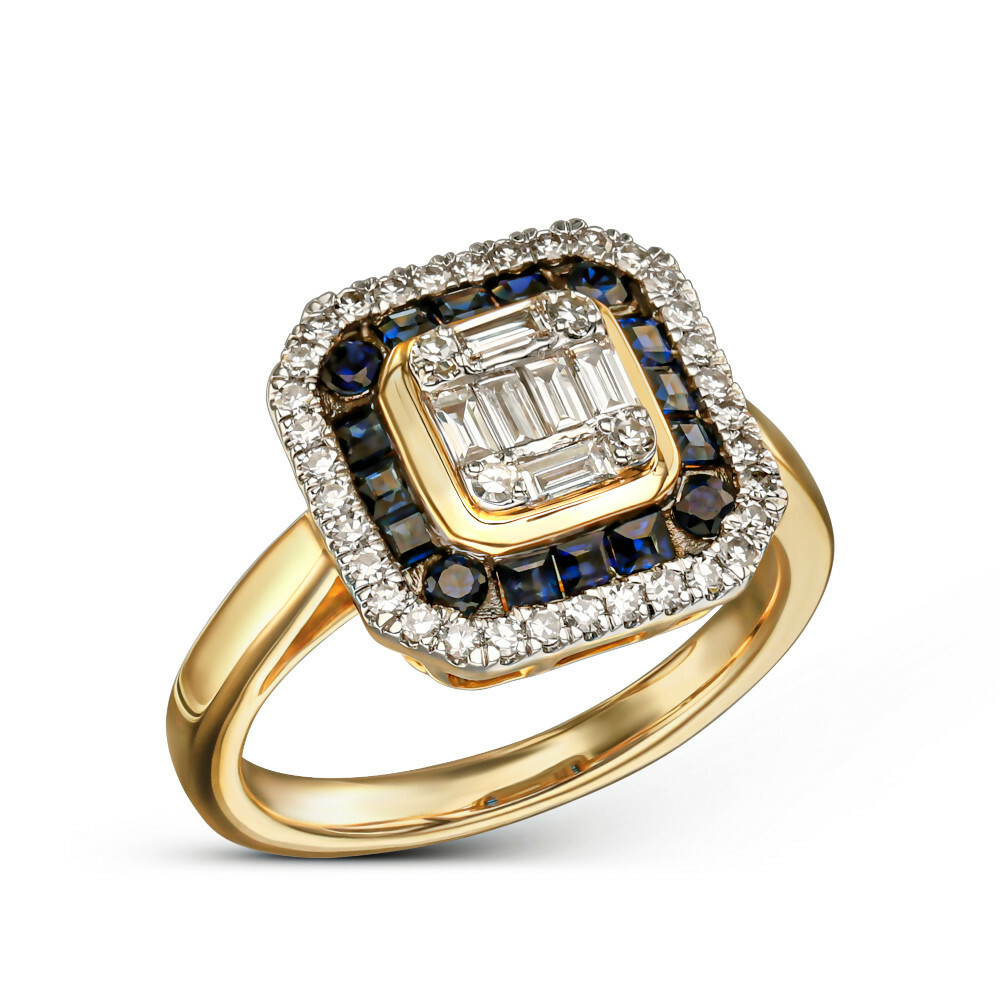 Luksusowy pierścionek złoty z diamentami naturalnymi i szafirami w kwadratowej koronie, próba 585