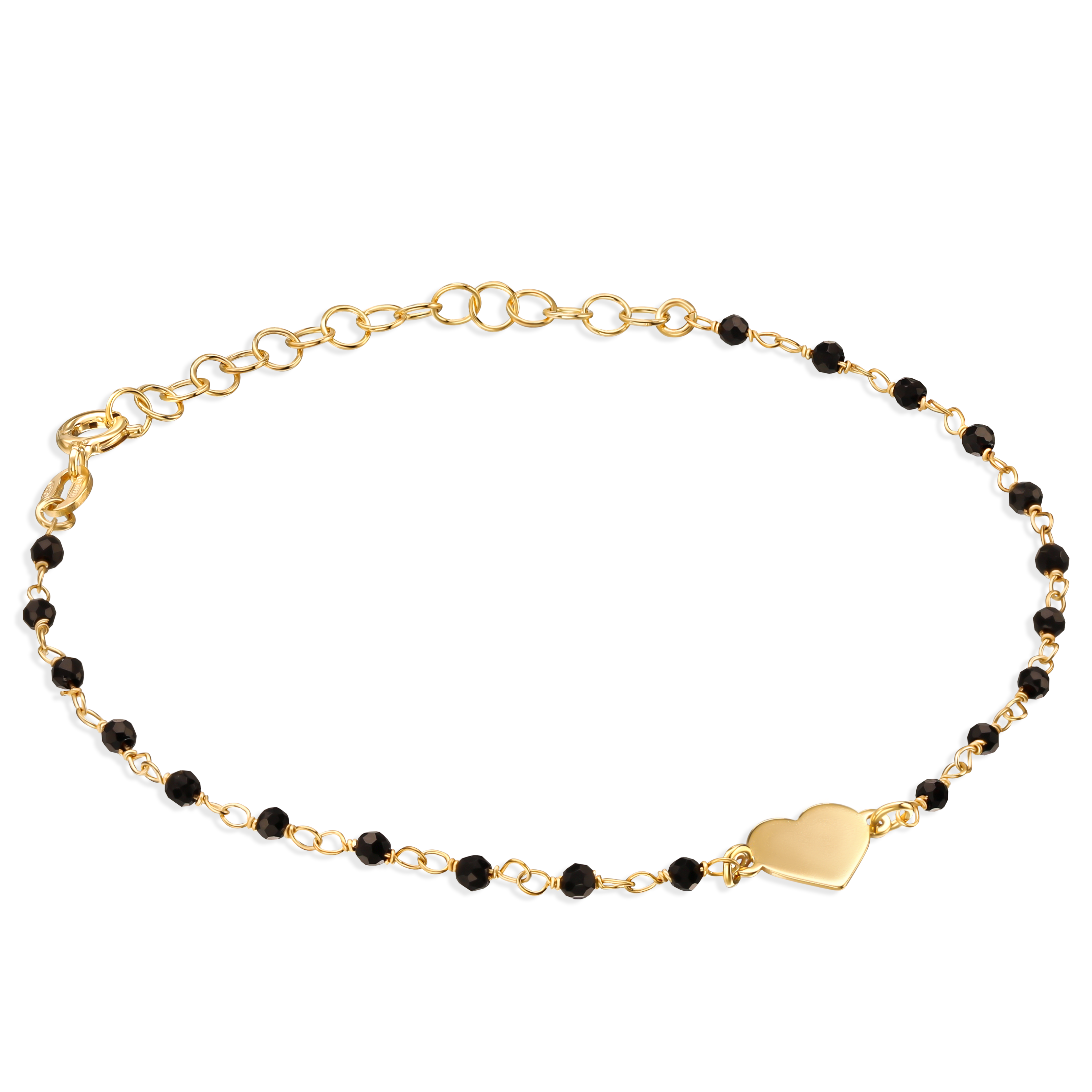 Pozłacana bransoletka srebrna z czarnymi koralikami i motywem serca, próba 925