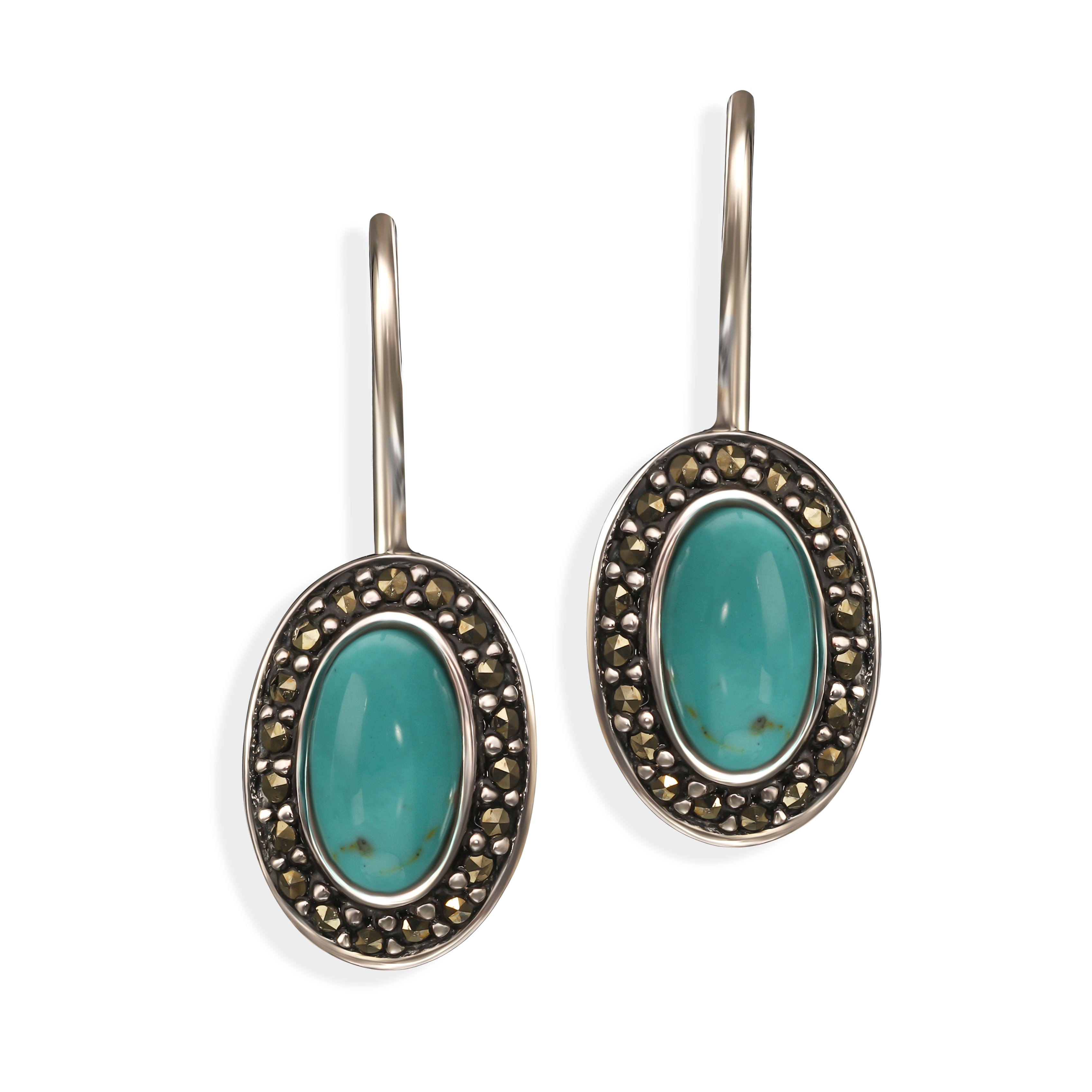 Srebrne vintageowe kolczyki z turkusem i markazytami, próba 925