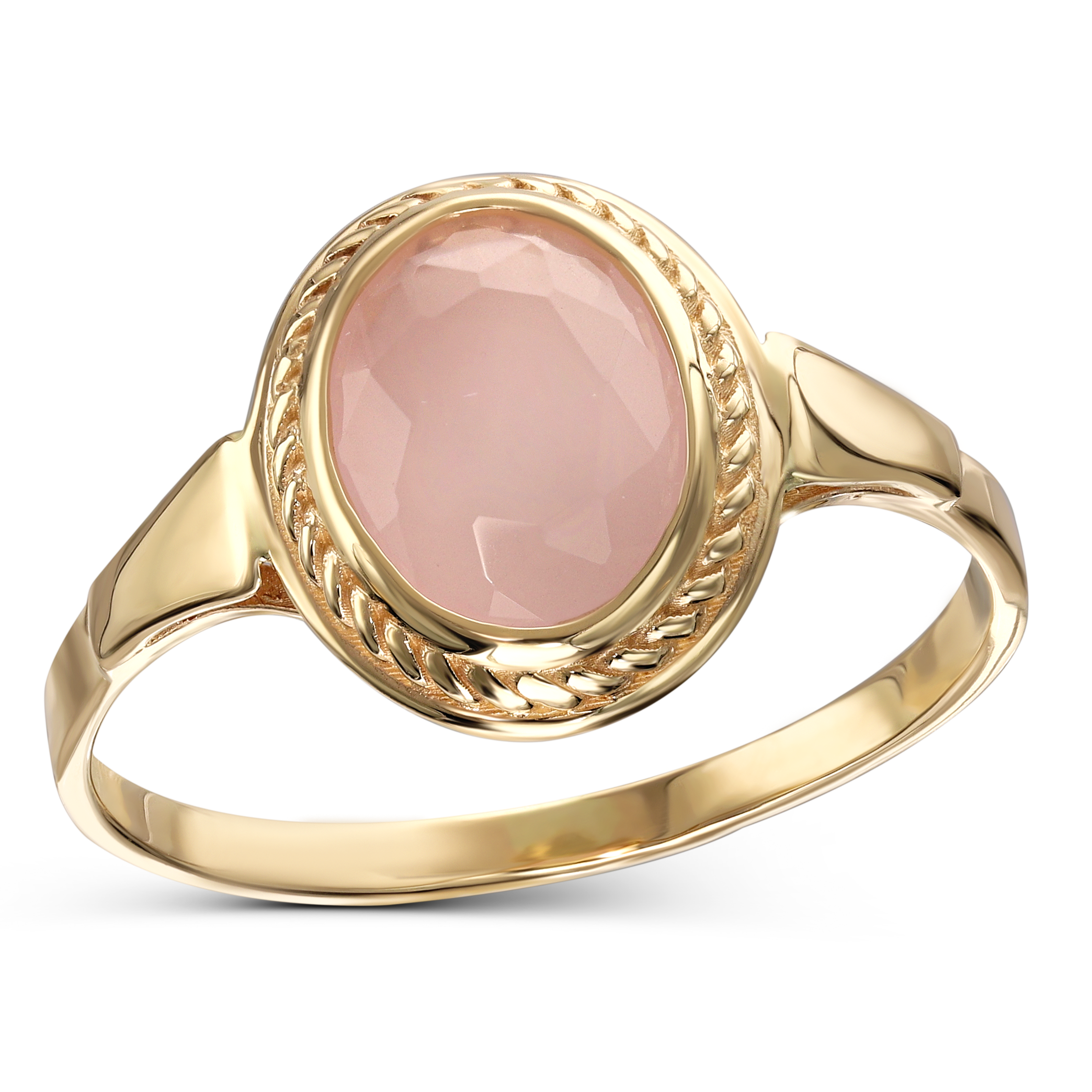 Pierścionek złoty z owalnym kwarcem różowym, próba 585