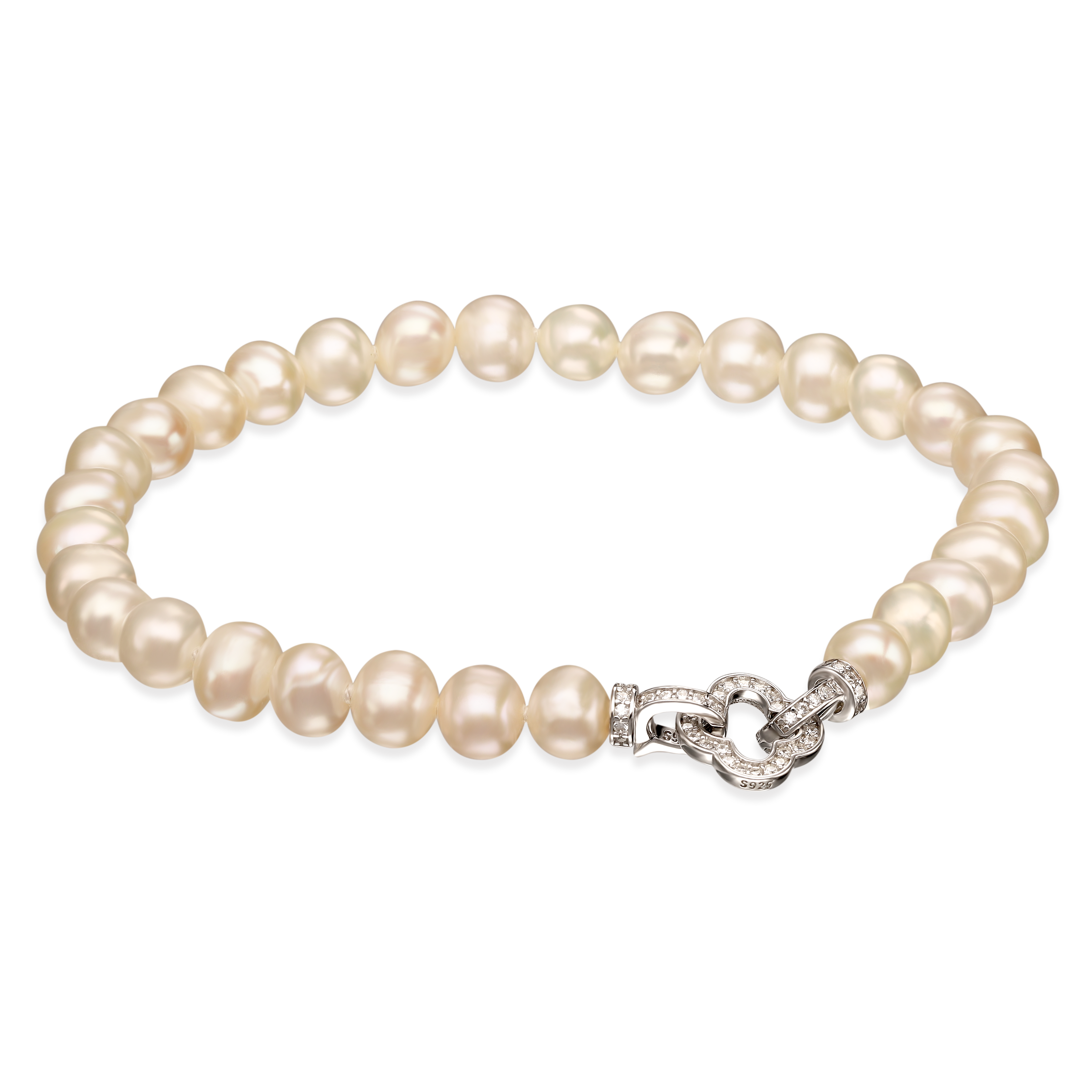 Bransoleta z białych pereł ze srebrnym zapięciem z cyrkoniami, próba 925