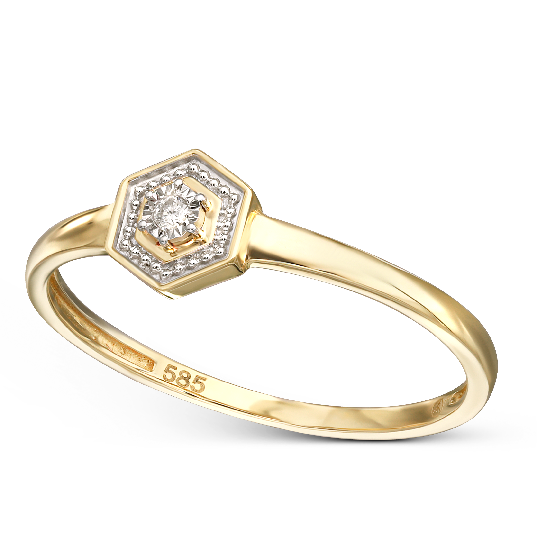 Pierścionek złoty z diamentem naturalnym 0.01 ct w geometrycznej koronie, rozmiar 12, próba 585