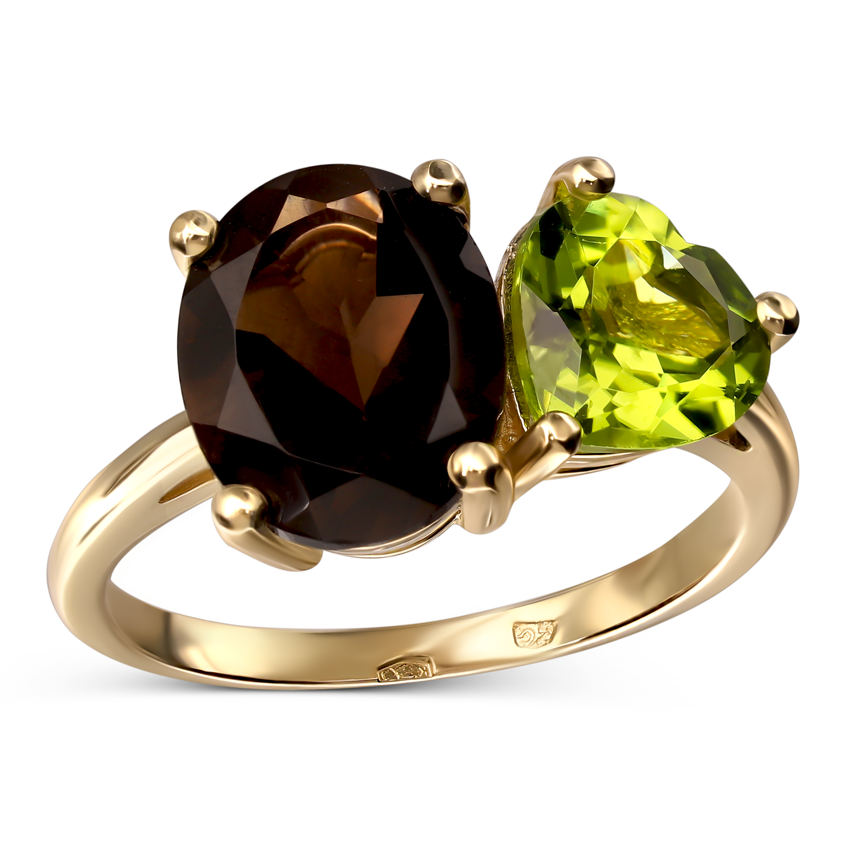 Pierścionek złoty vintage z kwarcem dymnym i oliwinem naturalnym, próba 585