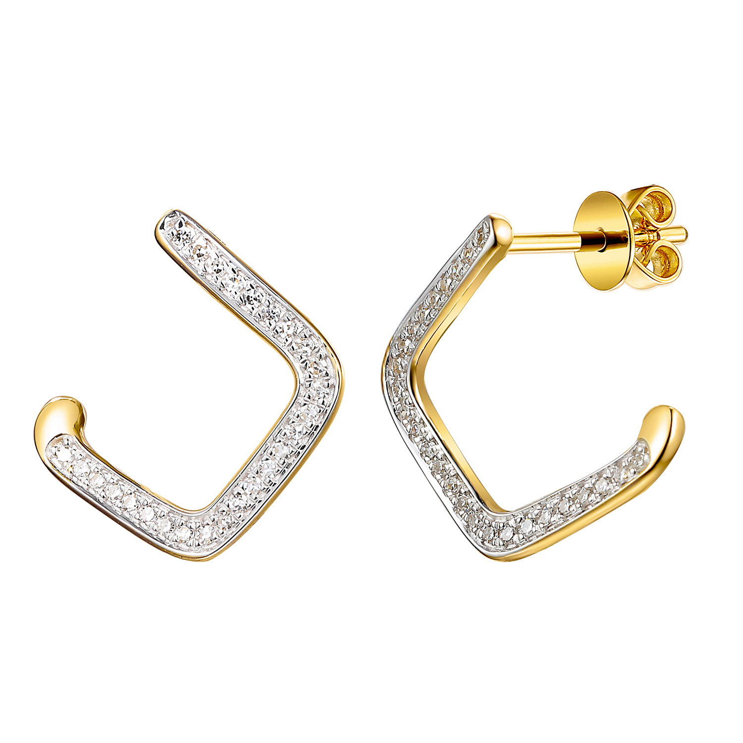 Geometryczne kolczyki złote z diamentami naturalnymi 0.13 ct, próba 585