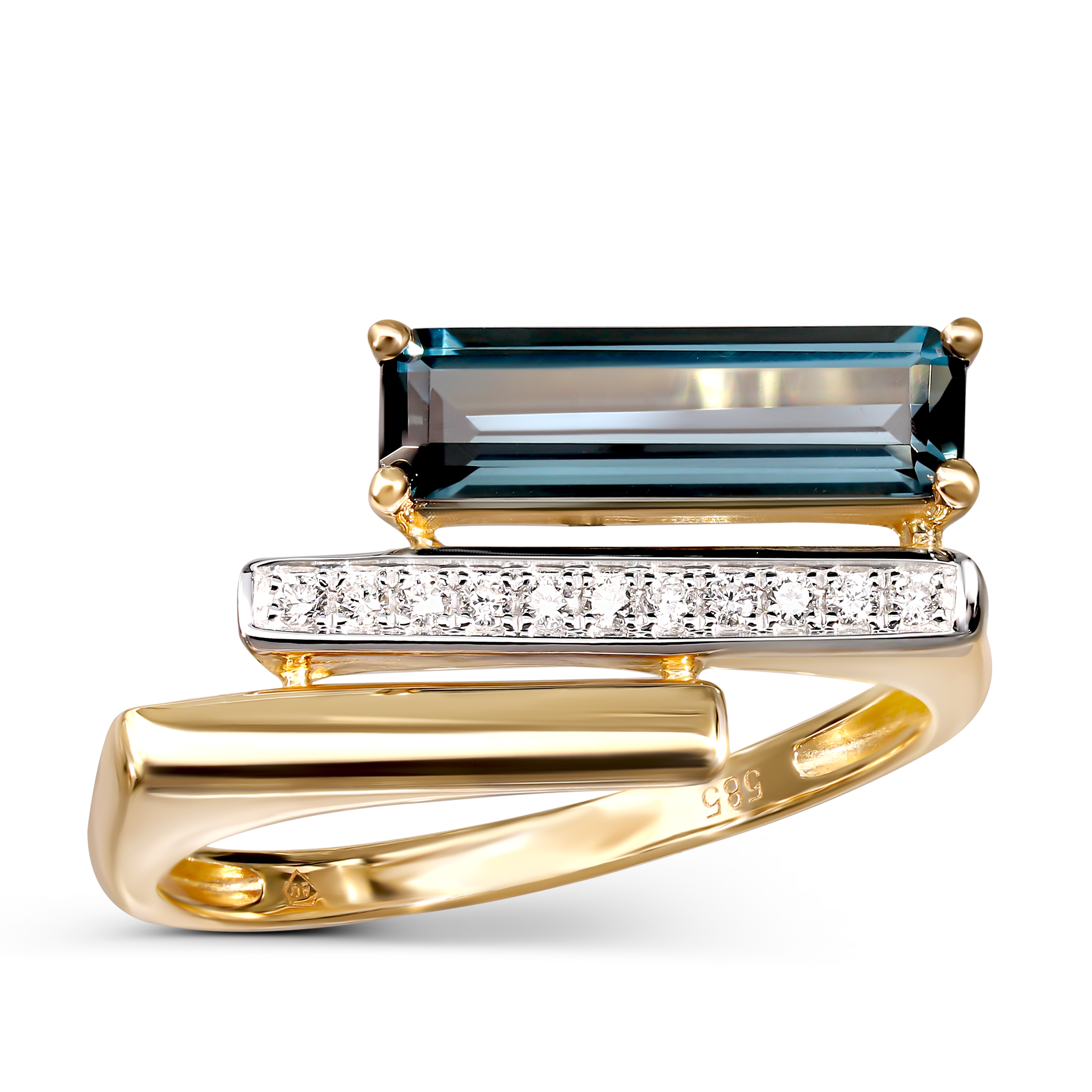 Pierścionek złoty z topazem london blue i diamentami naturalnymi, próba 585