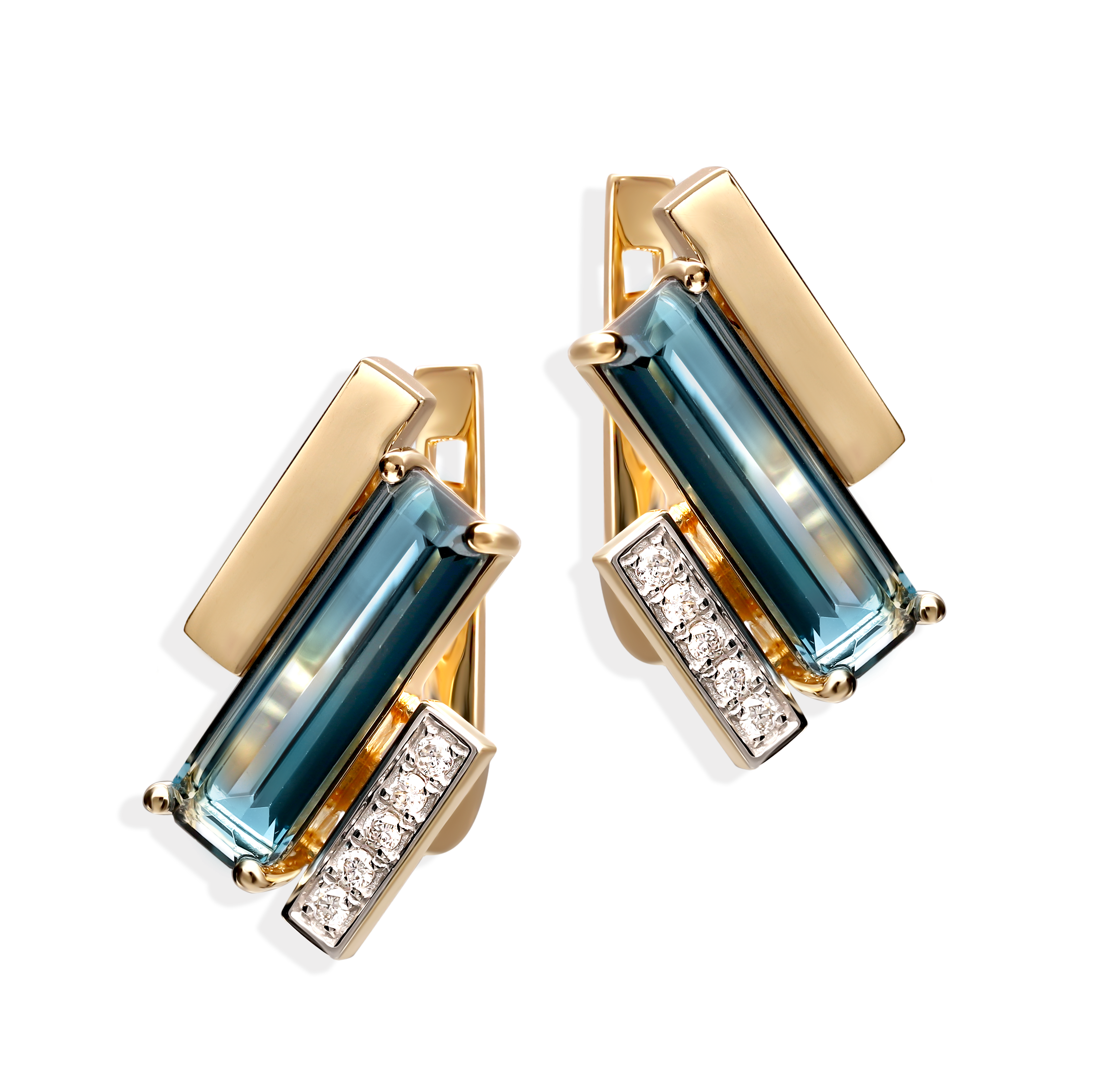 Kolczyki złote z topazami london blue 3.68 ct i diamentami naturalnymi 0.08 ct, próba 585