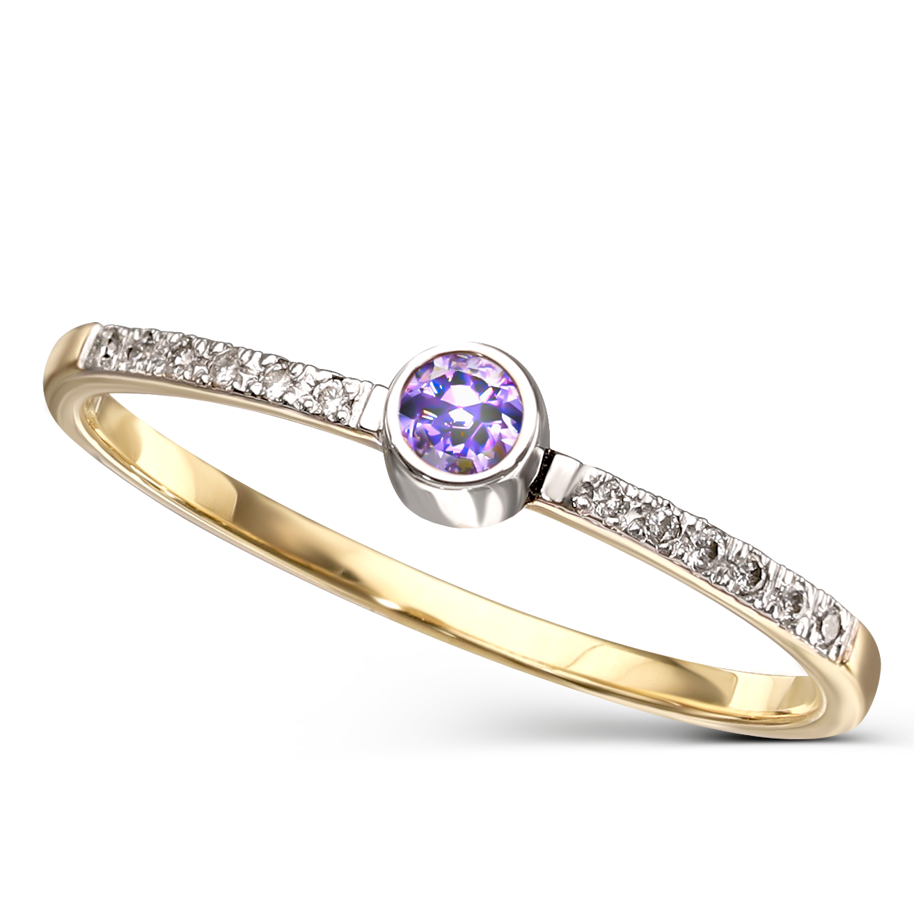 Delikatny pierścionek złoty z tanzanitem i diamentami naturalnymi, rozmiar 13, pr. 585