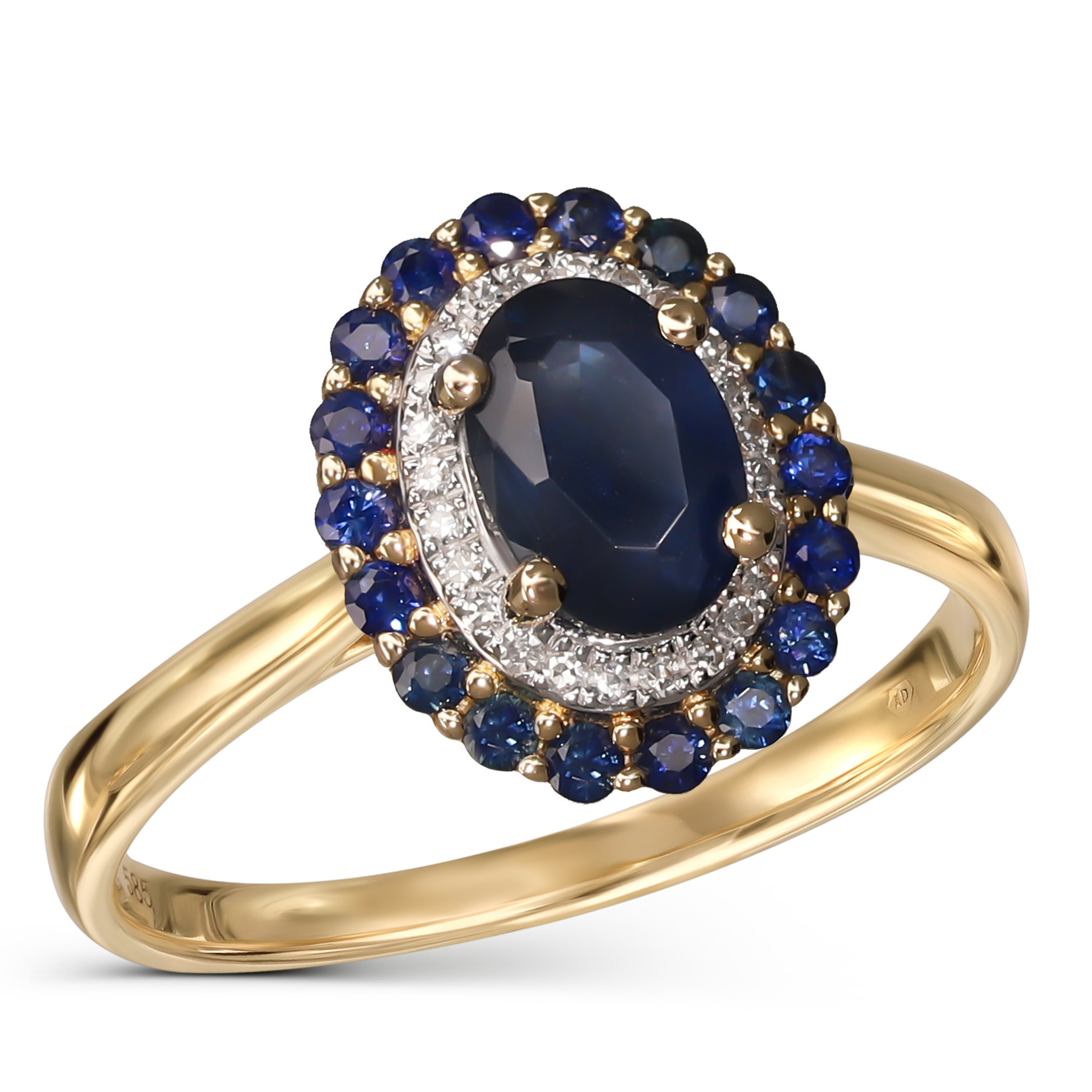 Pierścionek złoty z szafirami i diamentami naturalnymi 0.06 ct, rozmiar 17, próba 585 Pierścionek złoty z szafirami i diamentami naturalnymi 0.06 ct, rozmiar 17, próba 585