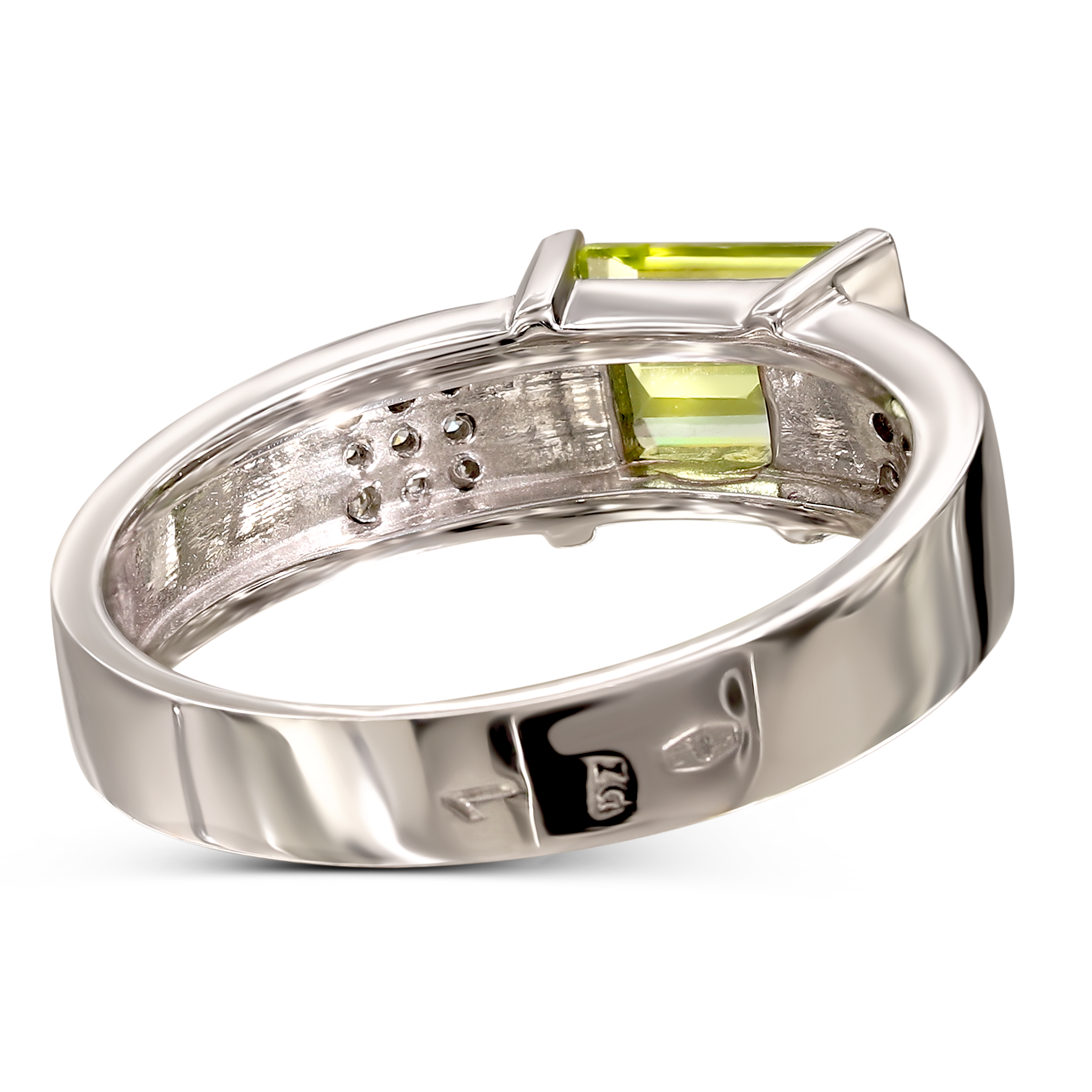 Pierścionek z białego złota vintage z oliwinem 1.01 ct i diamentami naturalnymi, próba 585