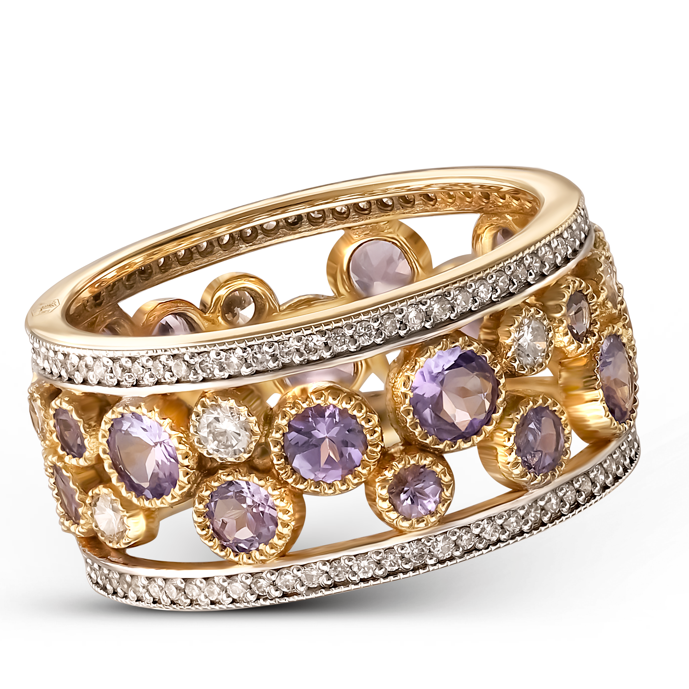 Luksusowy pierścionek obrączkowy z diamentami naturalnymi i tanzanitami, próba 585