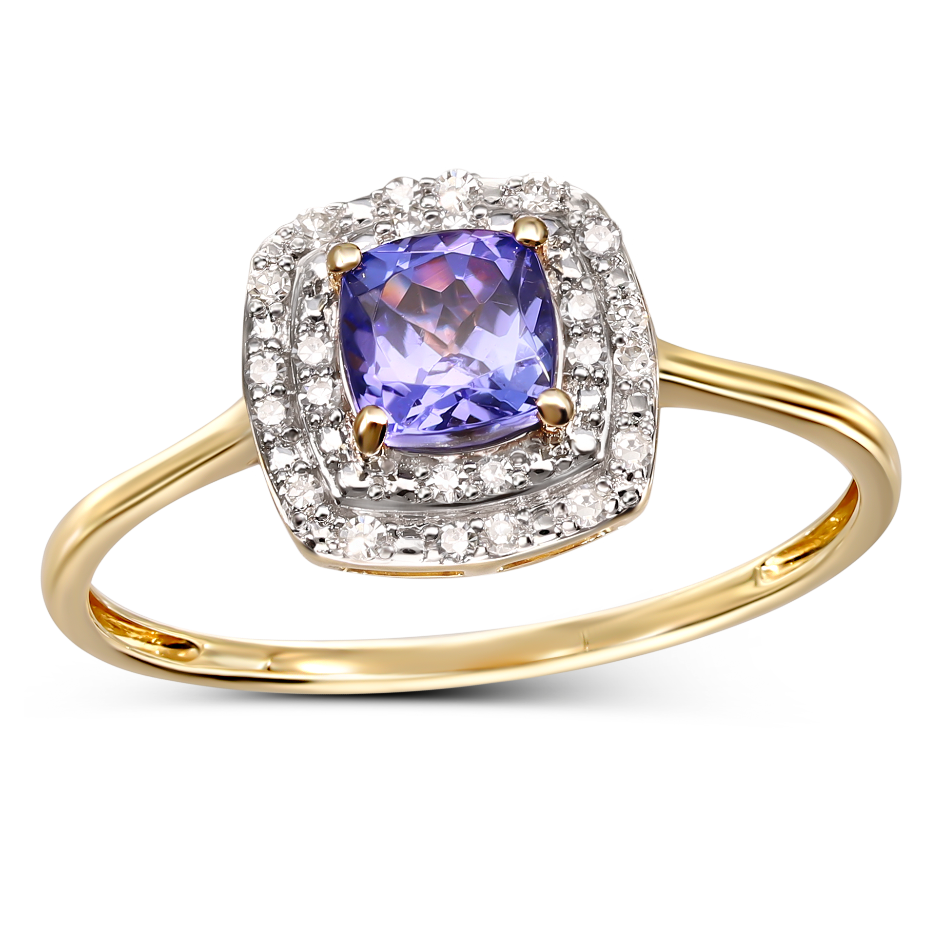 Pierścionek złoty z tanzanitem 0.7 ct i diamentami naturalnymi, próba 585