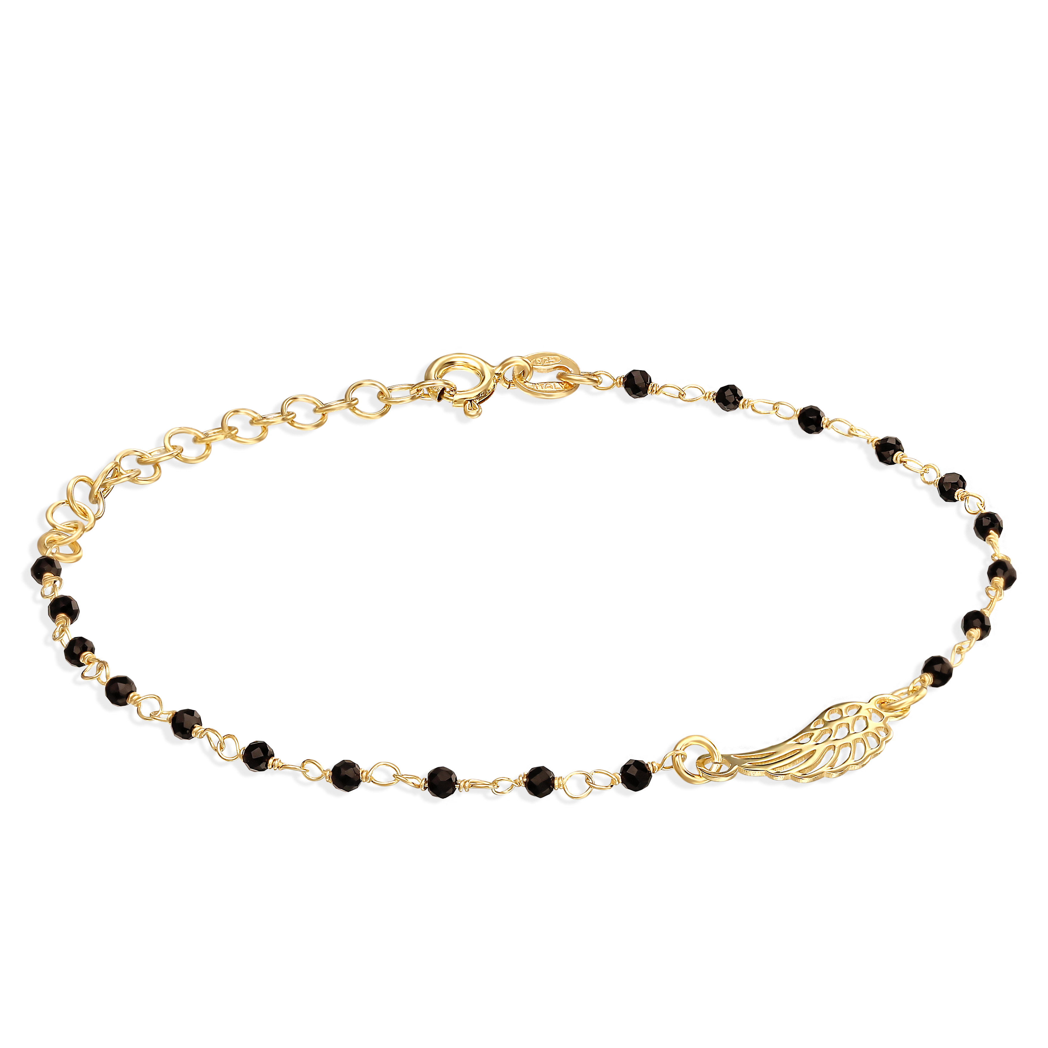 Bransoletka srebrna pozłacana z czarnymi koralikami i motywem skrzydła, próba 925