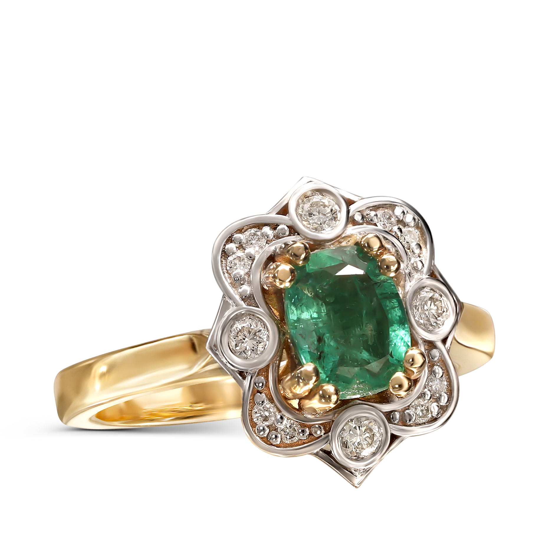 Pierścionek złoty vintage ze szmaragdem 0.89 ct i diamentami naturalnymi, rozmiar 15, próba 585