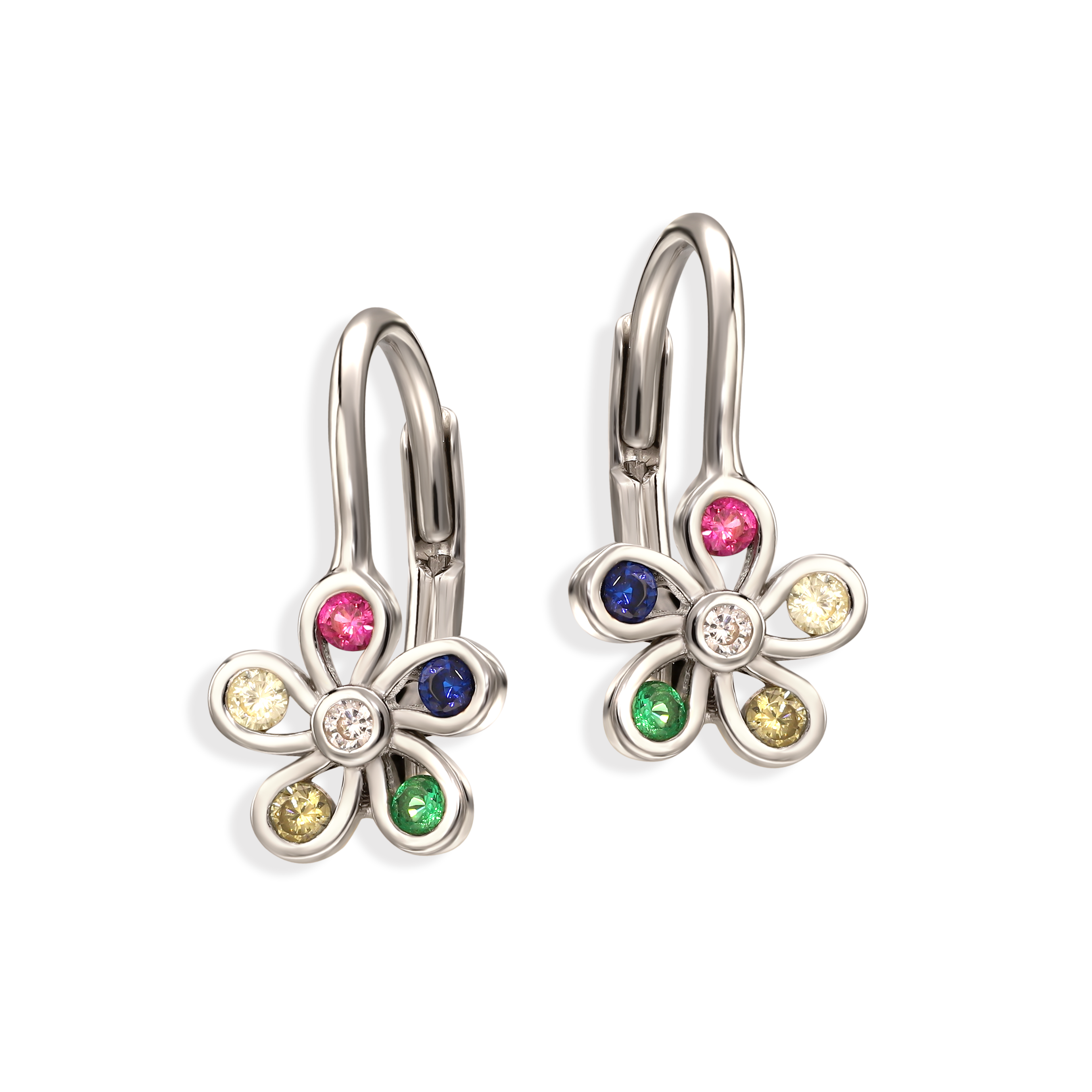 Kolczyki srebrne dla dziewczynki kolorowe kwiatki na francuskim zapięciu, próba 585