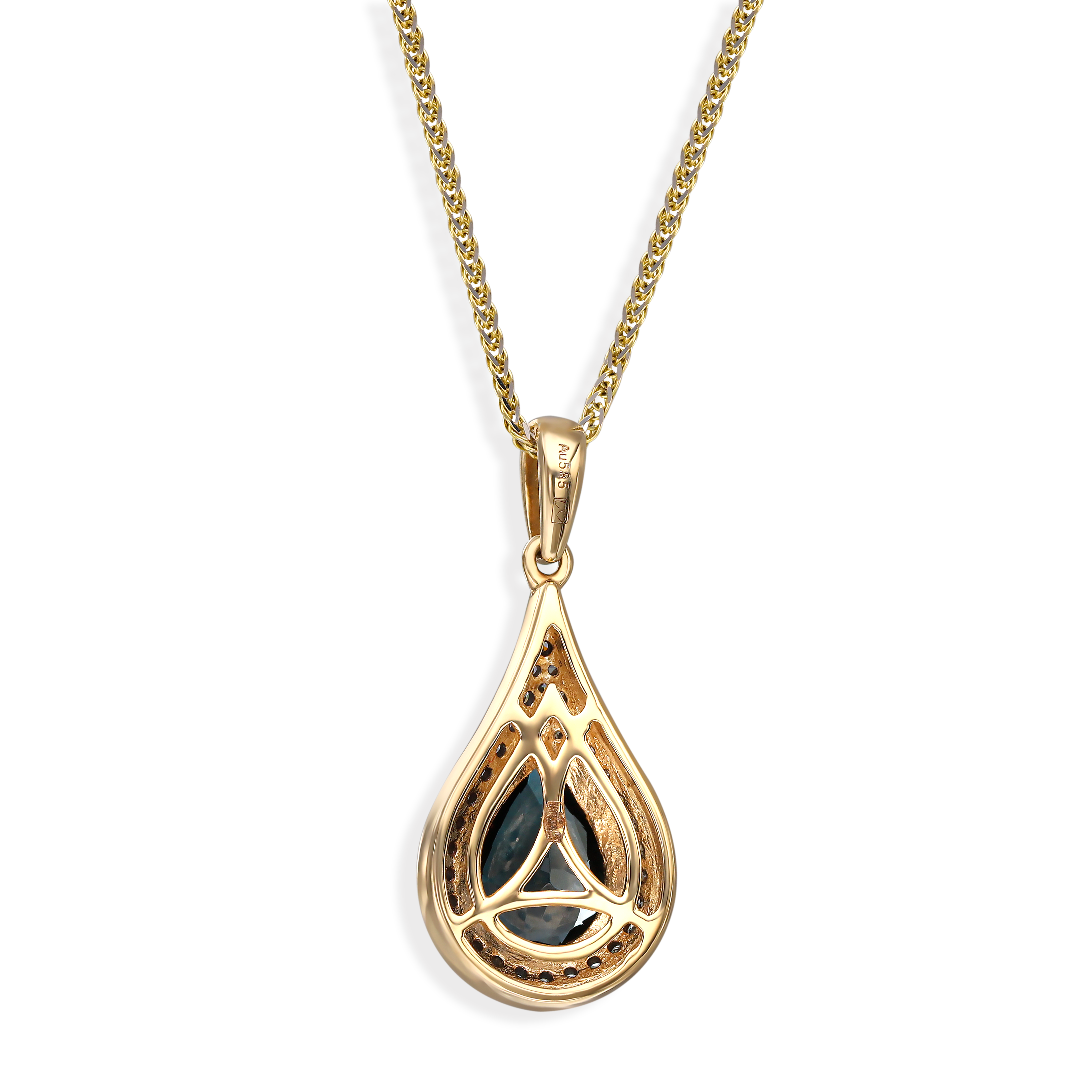 Designerska złota zawieszka z topazem London Blue i diamentami naturalnymi, próba 585