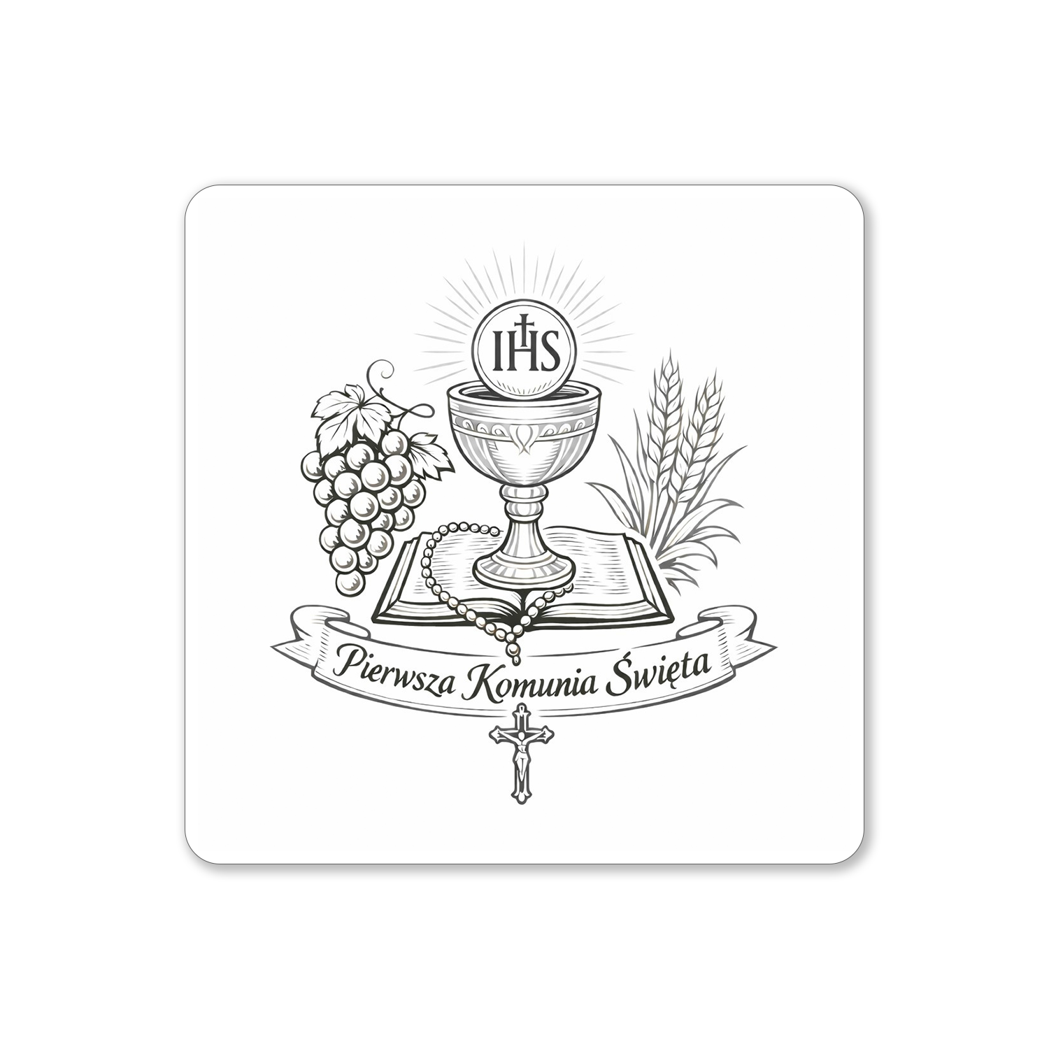 Tabliczka biała do pudełka na Komunię Św. z symbolami eucharystycznymi