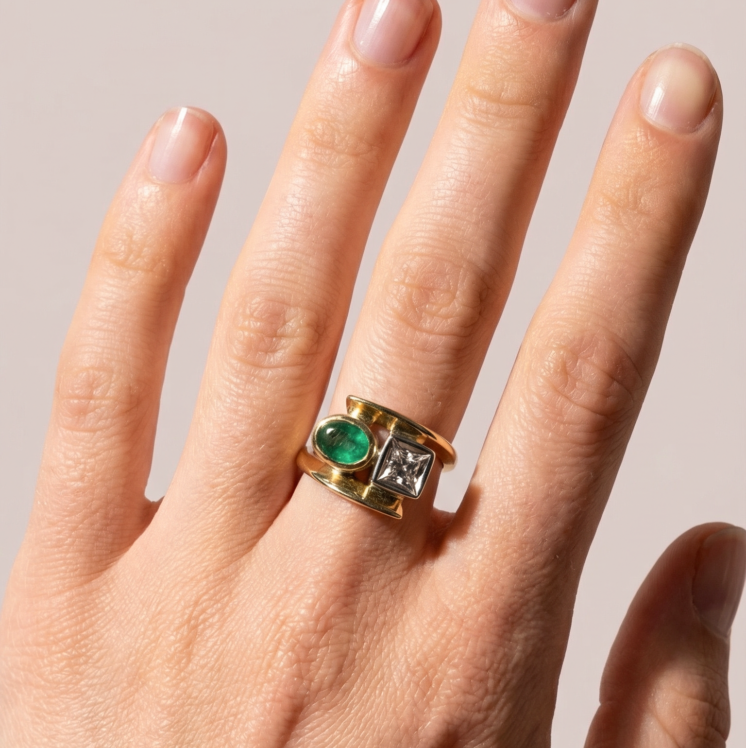 Pierścionek złoty vintage ze szmaragdem i diamentem naturalnym 0,27 ct, próba 585