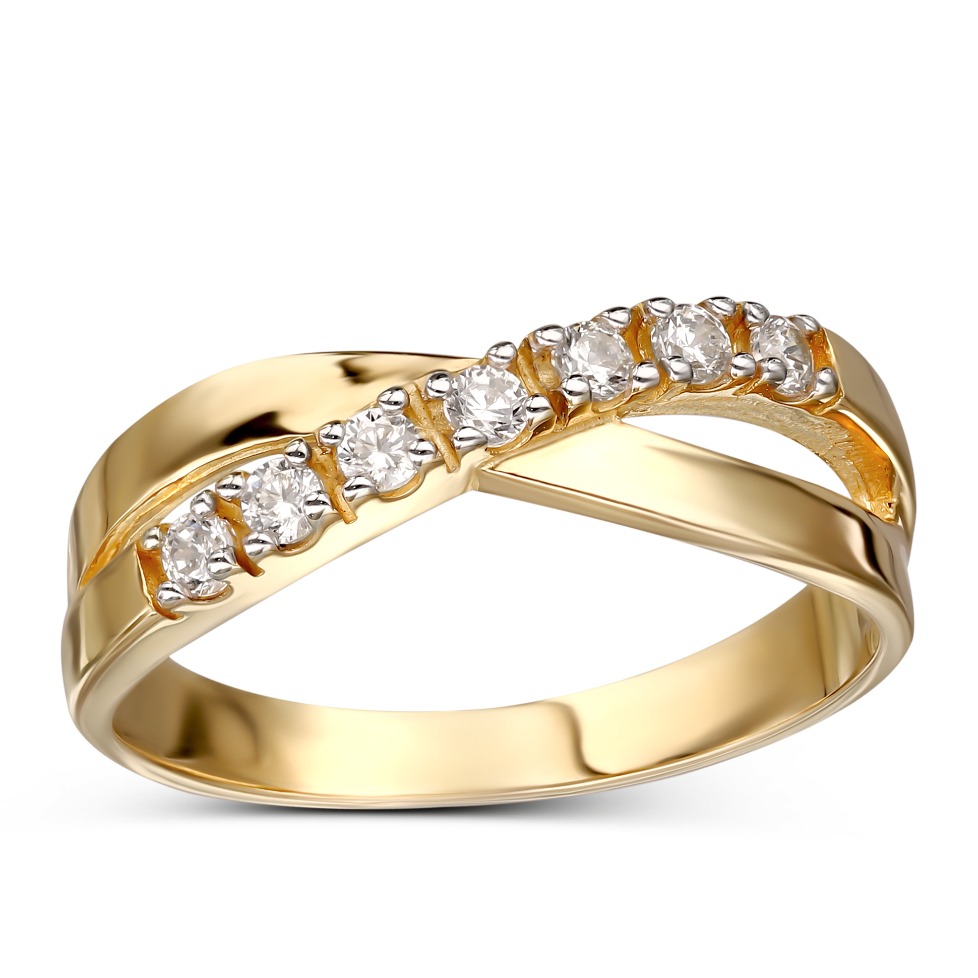 Pierścionek złoty obrączkowy plecionka z cyrkoniami, rozmiar 14, próba 585