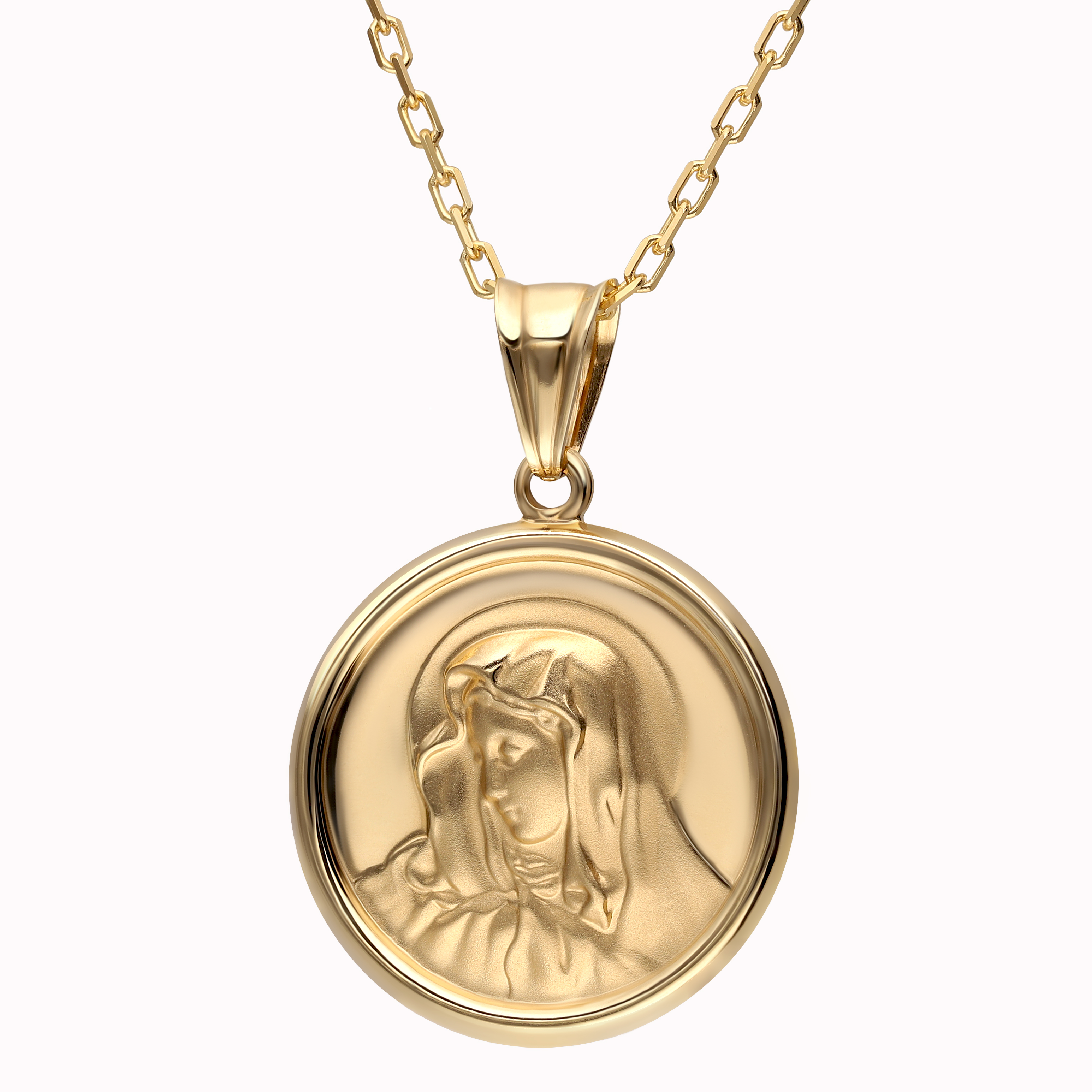 Medalik złoty, okrągły, z wizerunkiem Matki Boskiej Fatimskiej, próba 585