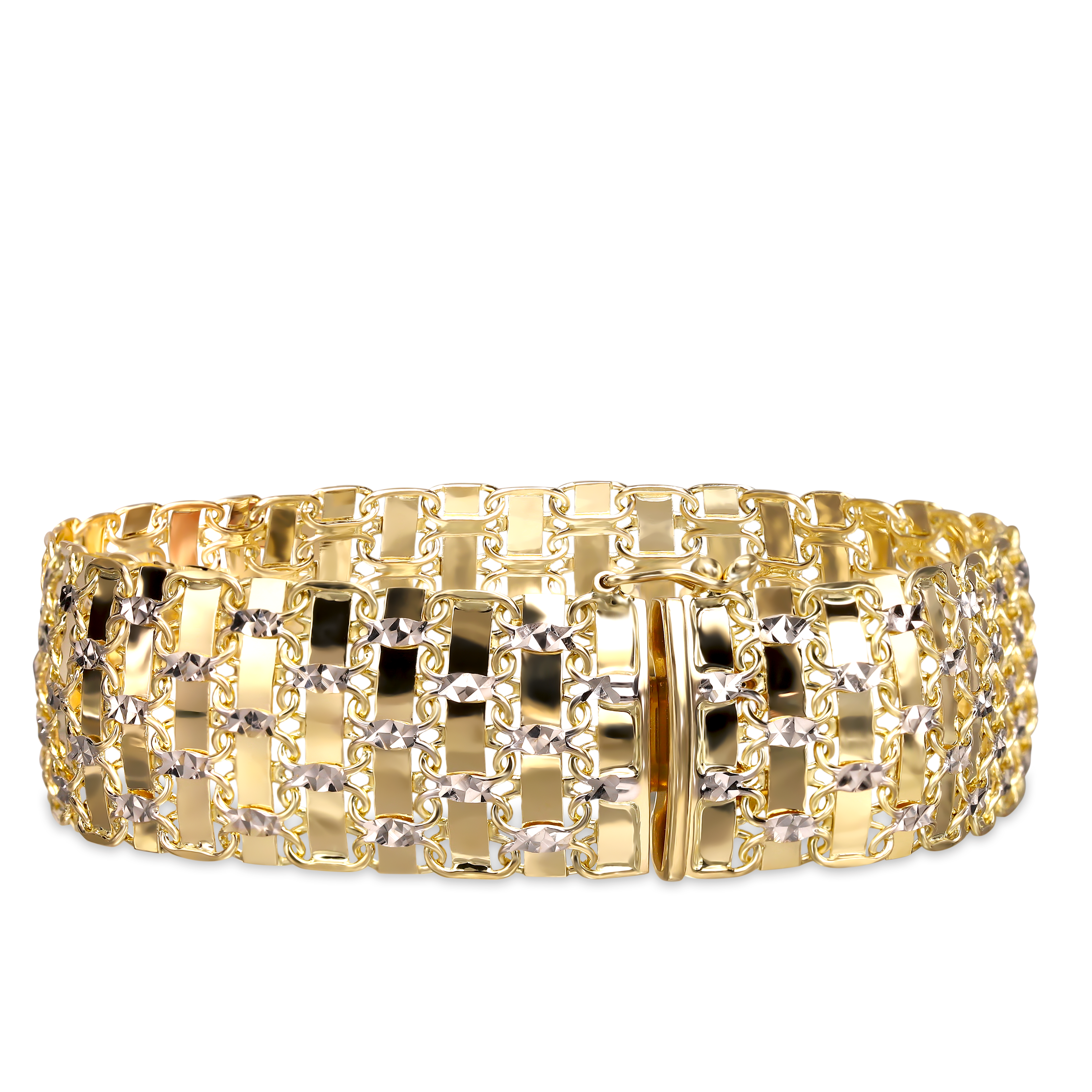 Złota szeroka bransoleta z ażurowym wzorem, próba 585