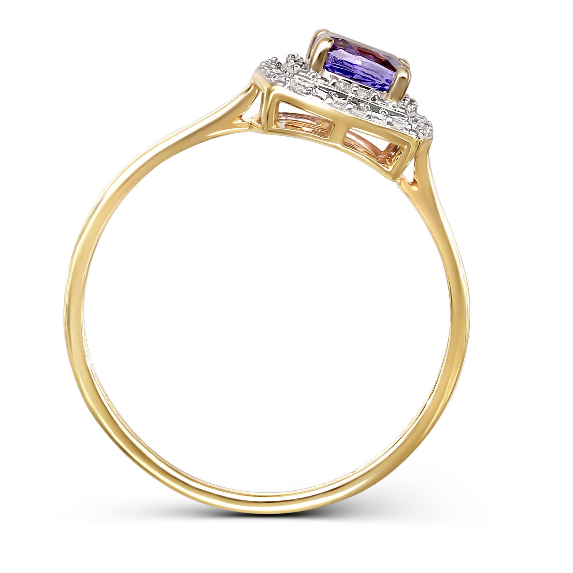 Pierścionek złoty z tanzanitem 0.7 ct i diamentami naturalnymi, próba 585