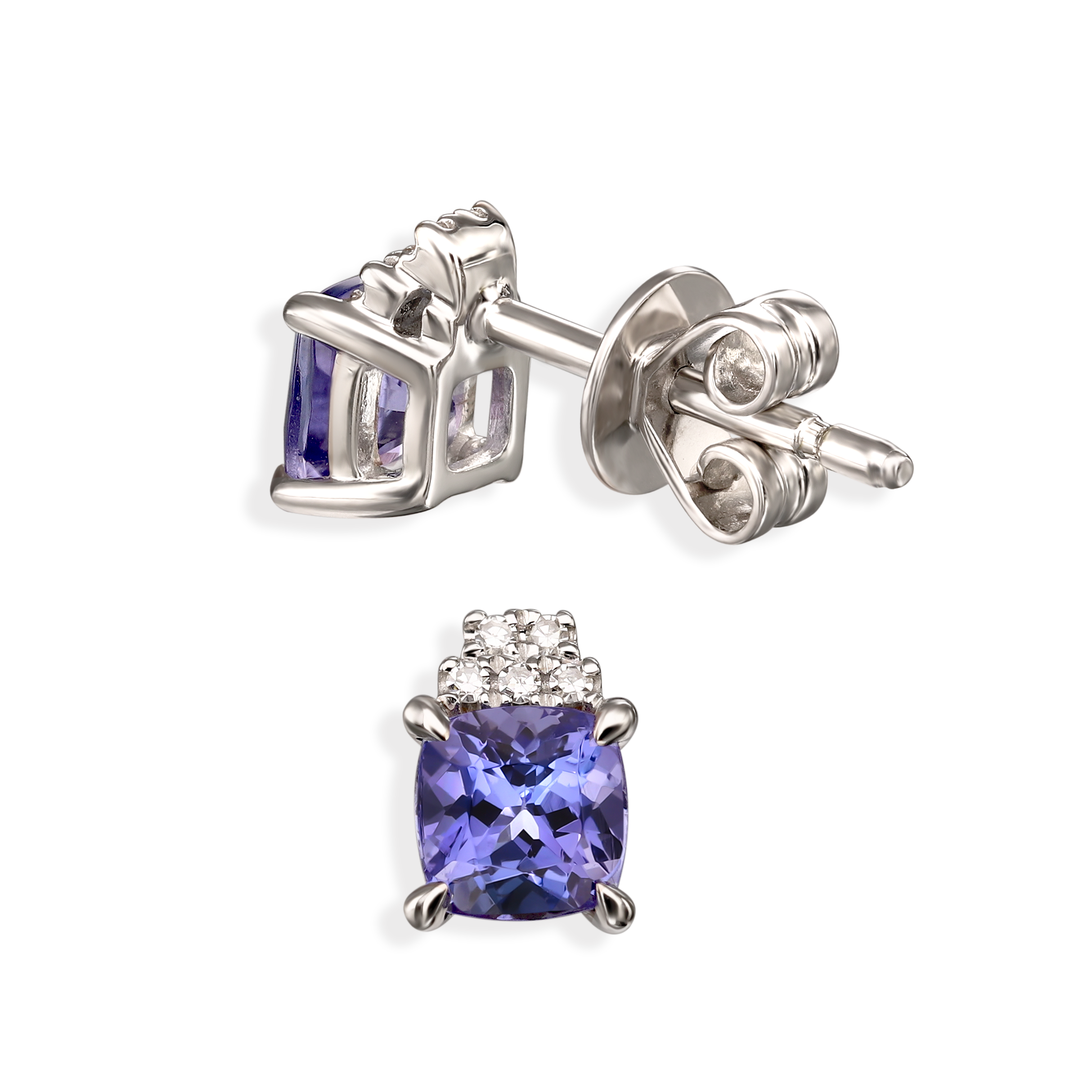 Kolczyki z białego złota z tanzanitami w szlifie poduszka oraz diamentami, próba 585
