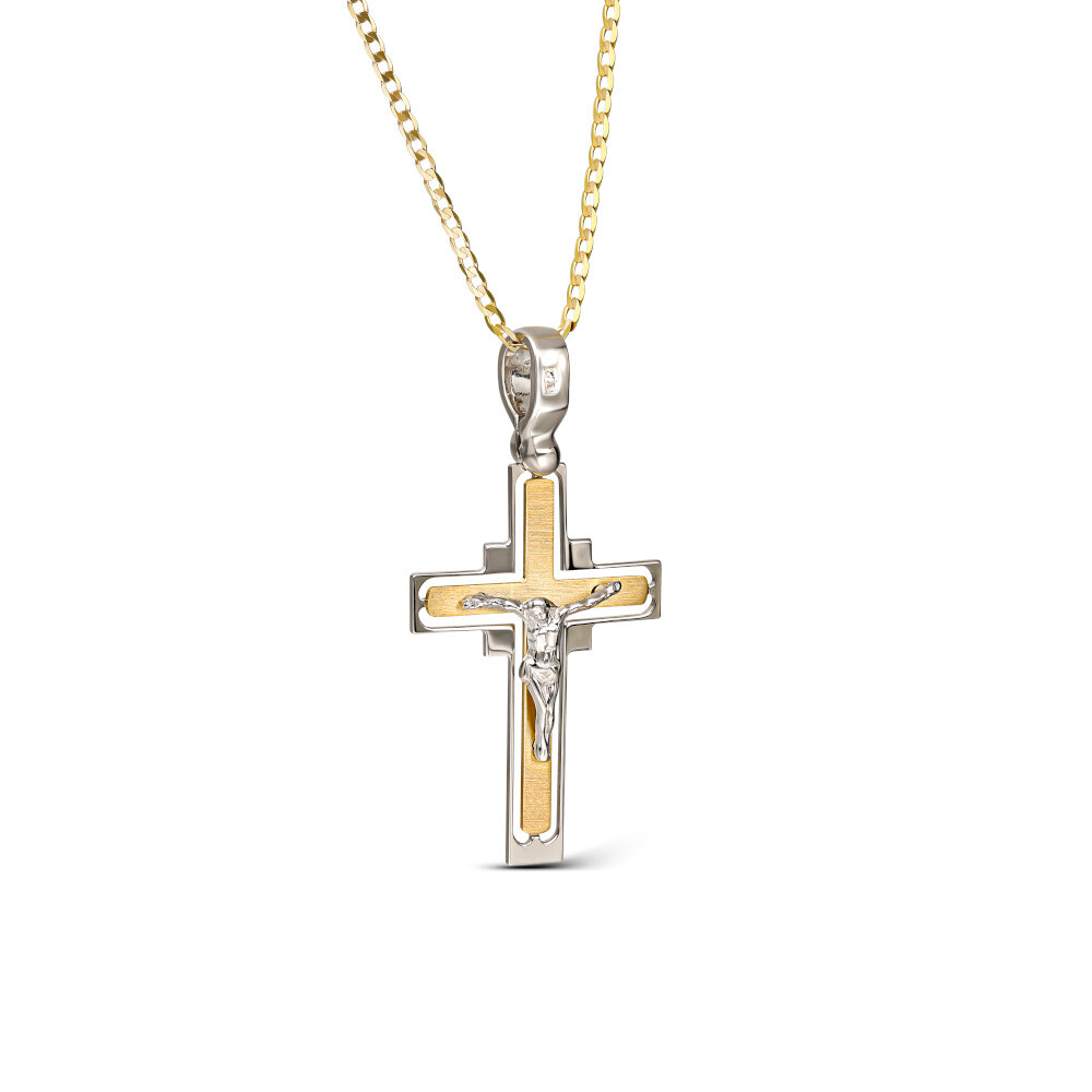 Krzyżyk z biało-żółtego złota z Jezusem, próba 585